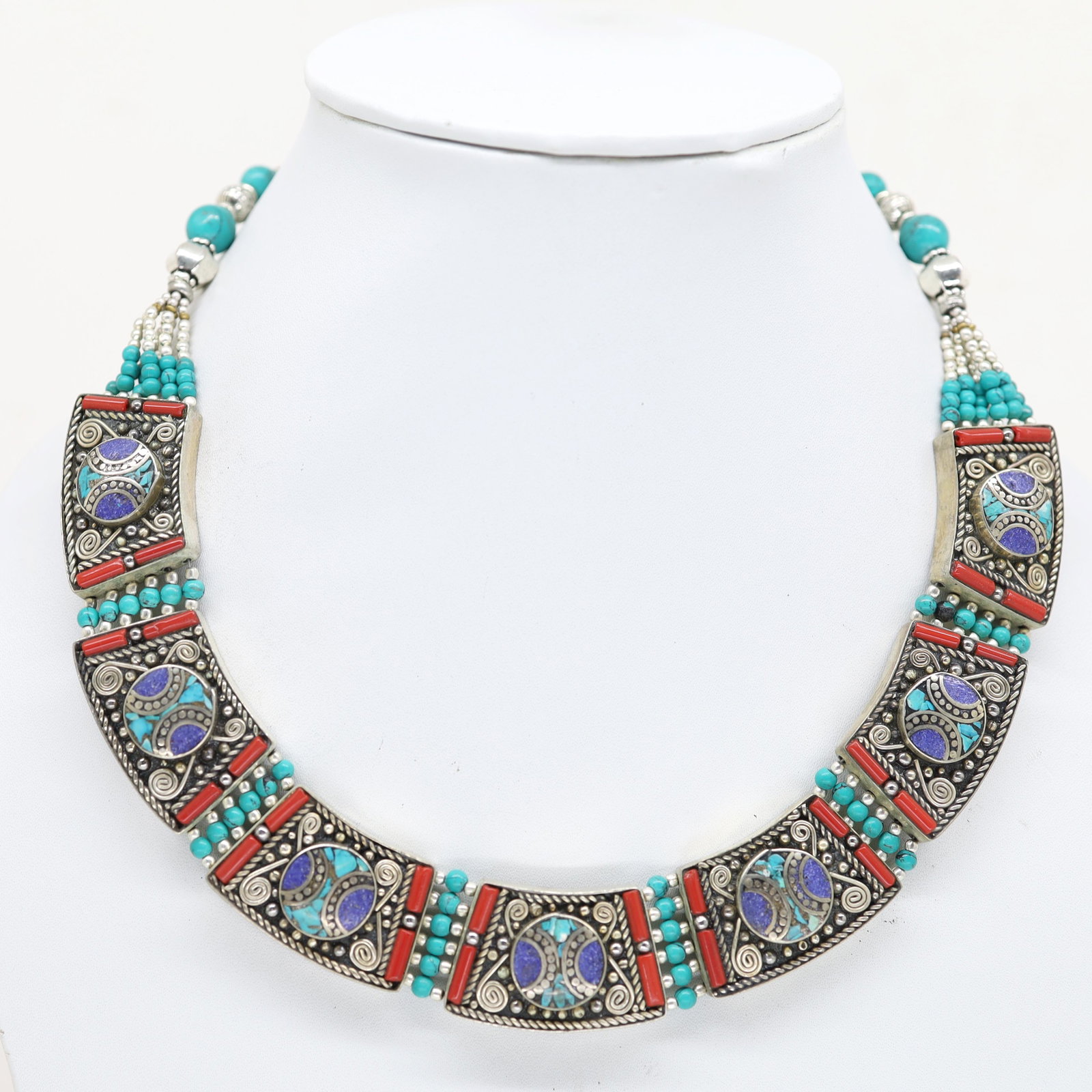 Tibetan Turquoise & Lapis Handmade Choker Necklace: Tibet Natural Stone Hand Made Turquoise, Coral & Lapis Necklace......This elegant Necklace was handcrafted in Tibet, the home of exquisite jewellery craftsmanship. It was skilfully made with large nat