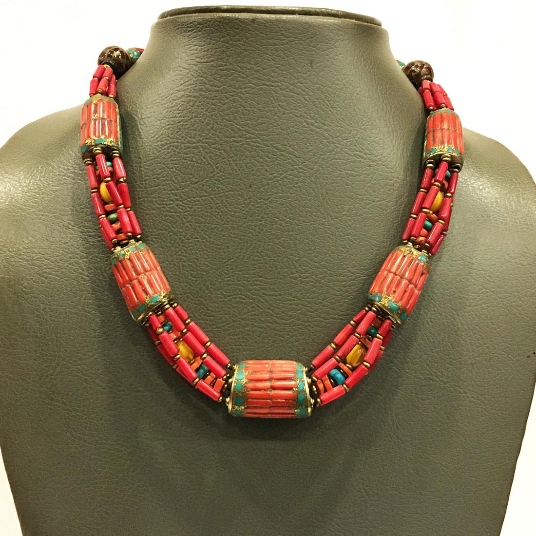 Old Natural Coral Handmade Designer Ethnic Necklace: Tibet Natural Stone Hand Made Turquoise, Coral & Lapis Necklace......This elegant Necklace was handcrafted in Tibet, the home of exquisite jewellery craftsmanship. It was skilfully made with large nat