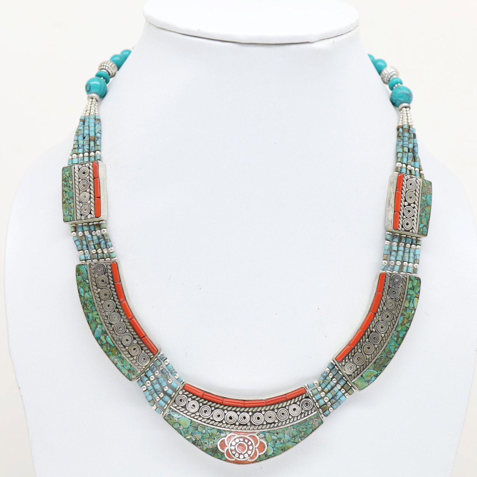 Tibetan Turquoise & Coral Handmade Choker Necklace: Tibet Natural Stone Hand Made Turquoise, Coral & Lapis Necklace......This elegant Necklace was handcrafted in Tibet, the home of exquisite jewellery craftsmanship. It was skilfully made with large nat