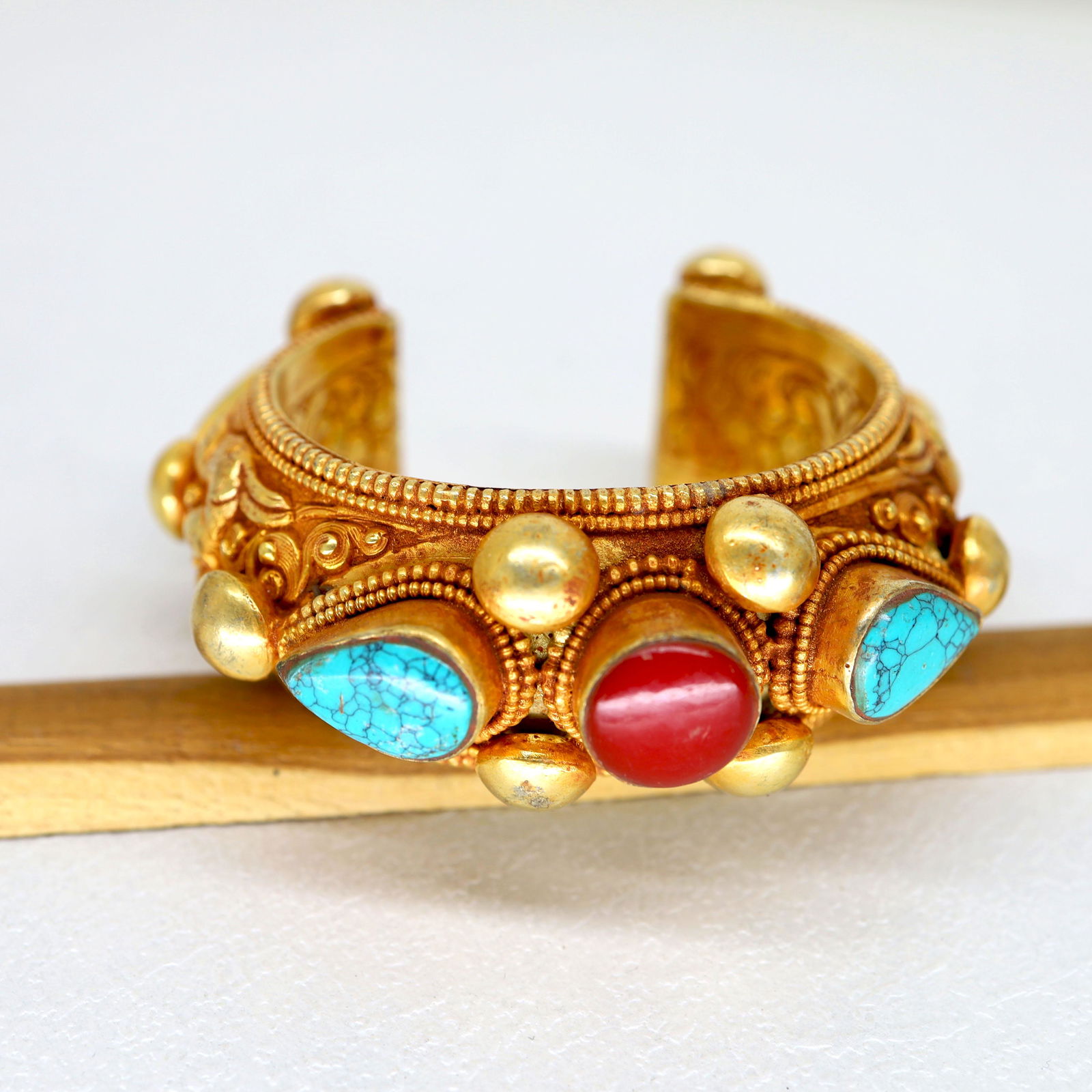 Tibetan Coral with Brass Hand-Carved Old Bangle (1 of 3)