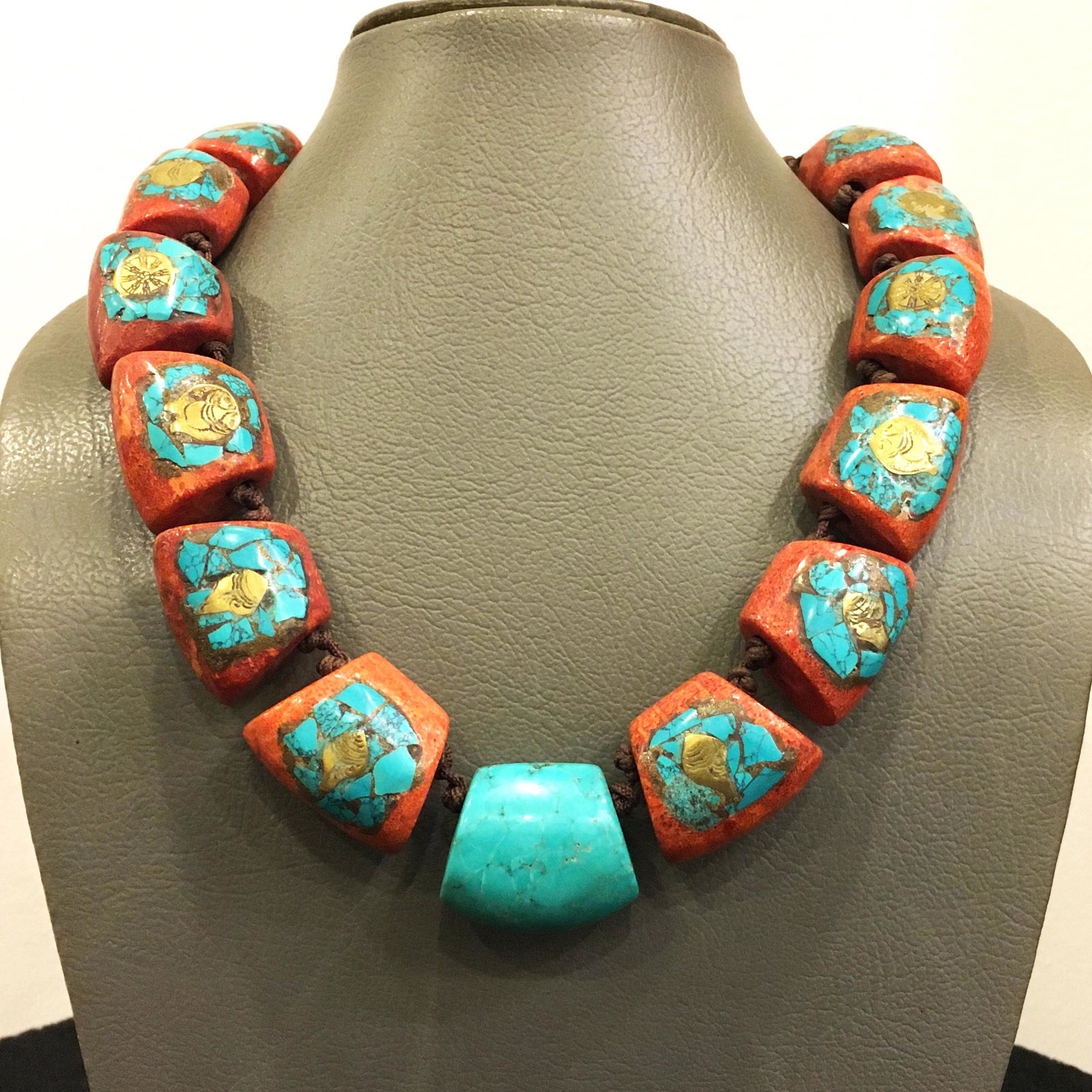 Exclusive 13 Stone Handmade Designer Old Necklace: Tibet Natural Stone Hand Made Turquoise, Coral & Lapis Necklace......This elegant Necklace was handcrafted in Tibet, the home of exquisite jewellery craftsmanship. It was skilfully made with large nat