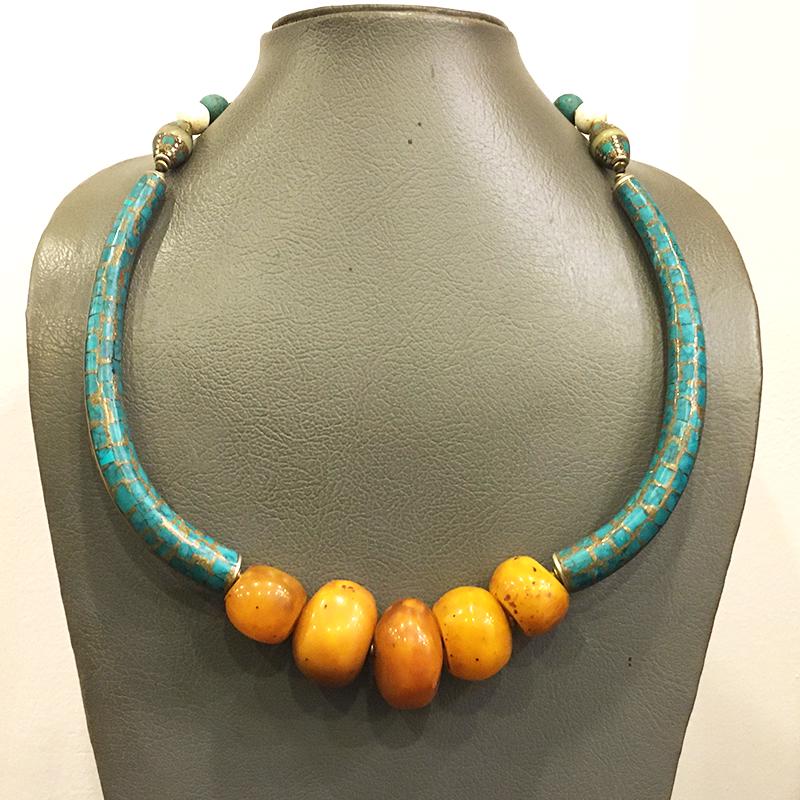 Tibetan Turquoise with Amber Beaded Ethnic Necklace (1 of 3)