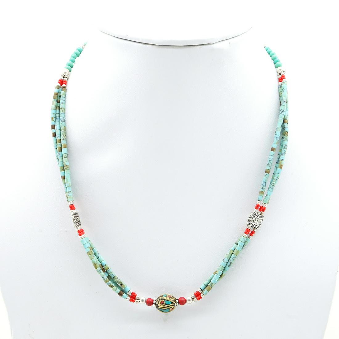Tibetan Turquoise & Coral Beaded Necklace: Natural Turquoise & Coral Beaded NecklaceWeight: 40 Gram ApproxGemstones: Natural Turquoise & CoralBrand: HandmadeNecklace Length: 18” ApproxCountry/Region of Manufacture: Nepal