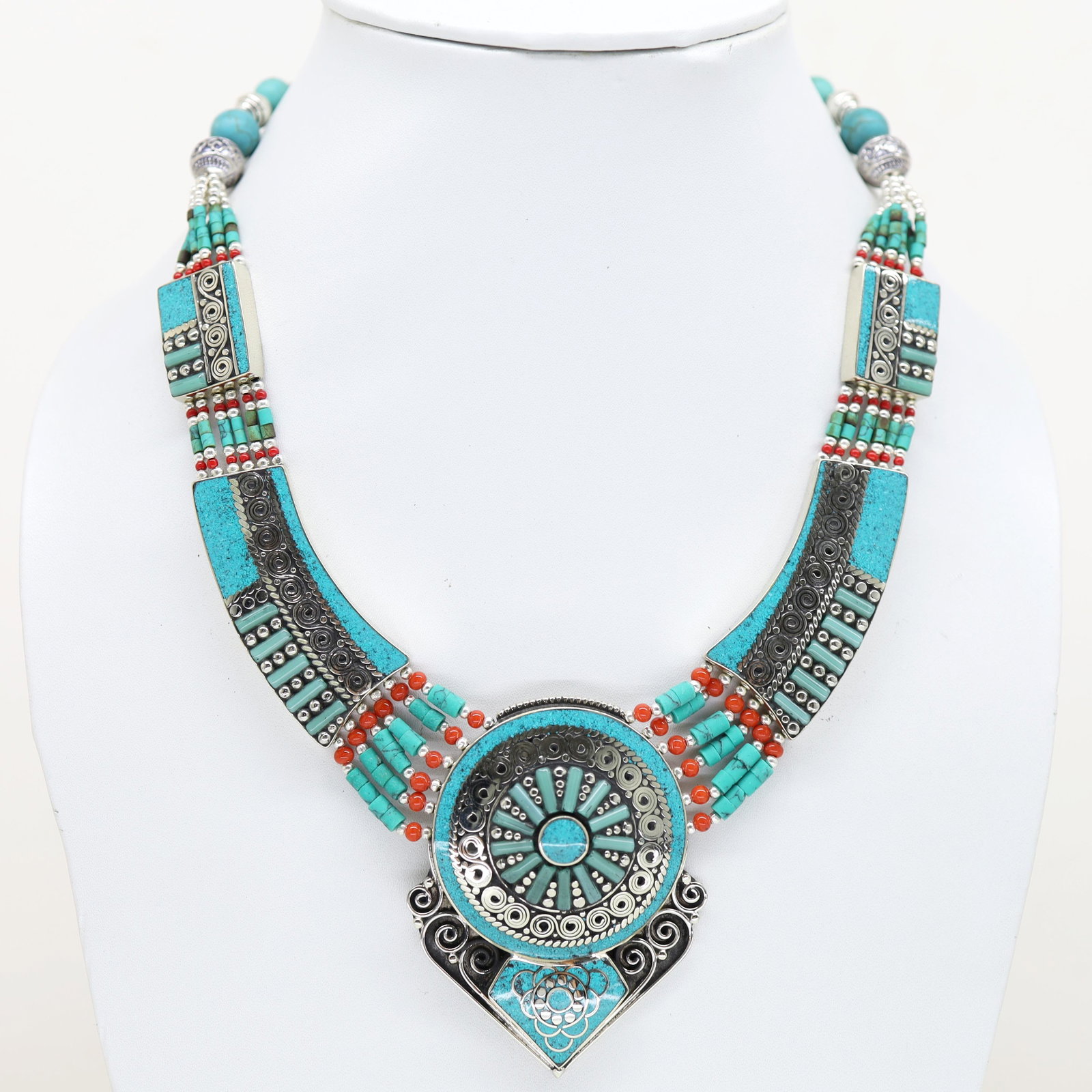 Tibetan Natural Turquoise Handmade Choker Necklace: Tibet Natural Stone Hand Made Turquoise, Coral & Lapis Necklace......This elegant Necklace was handcrafted in Tibet, the home of exquisite jewelry craftsmanship. It was skillfully made with large natu
