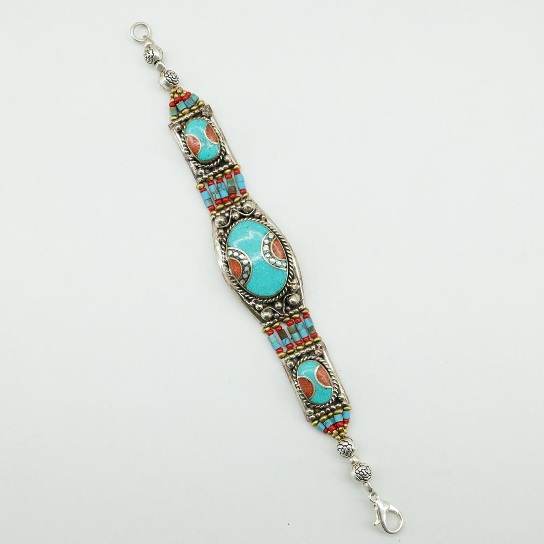 Ethnic Antique Choker Handmade Bracelet: TIBETAN TURQUOISE & CORAL HANDMADE BRACELETWeight: 30 Gram ApproxGemstones: Turquoise & Coral, LapisBrand: HandmadeBracelet Length: 6 to 7 InchCountry/Region of Manufacture: Kathmandu/Nepal