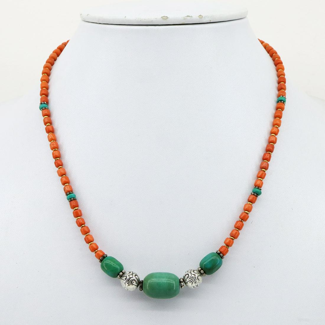 Natural Turquoise & Coral Beaded Necklace: Natural Turquoise Beaded NecklaceWeight: 40 Gram ApproxGemstones: Natural Turquoise & CoralBrand: HandmadeNecklace Length: 16” ApproxCountry/Region of Manufacture: Nepal