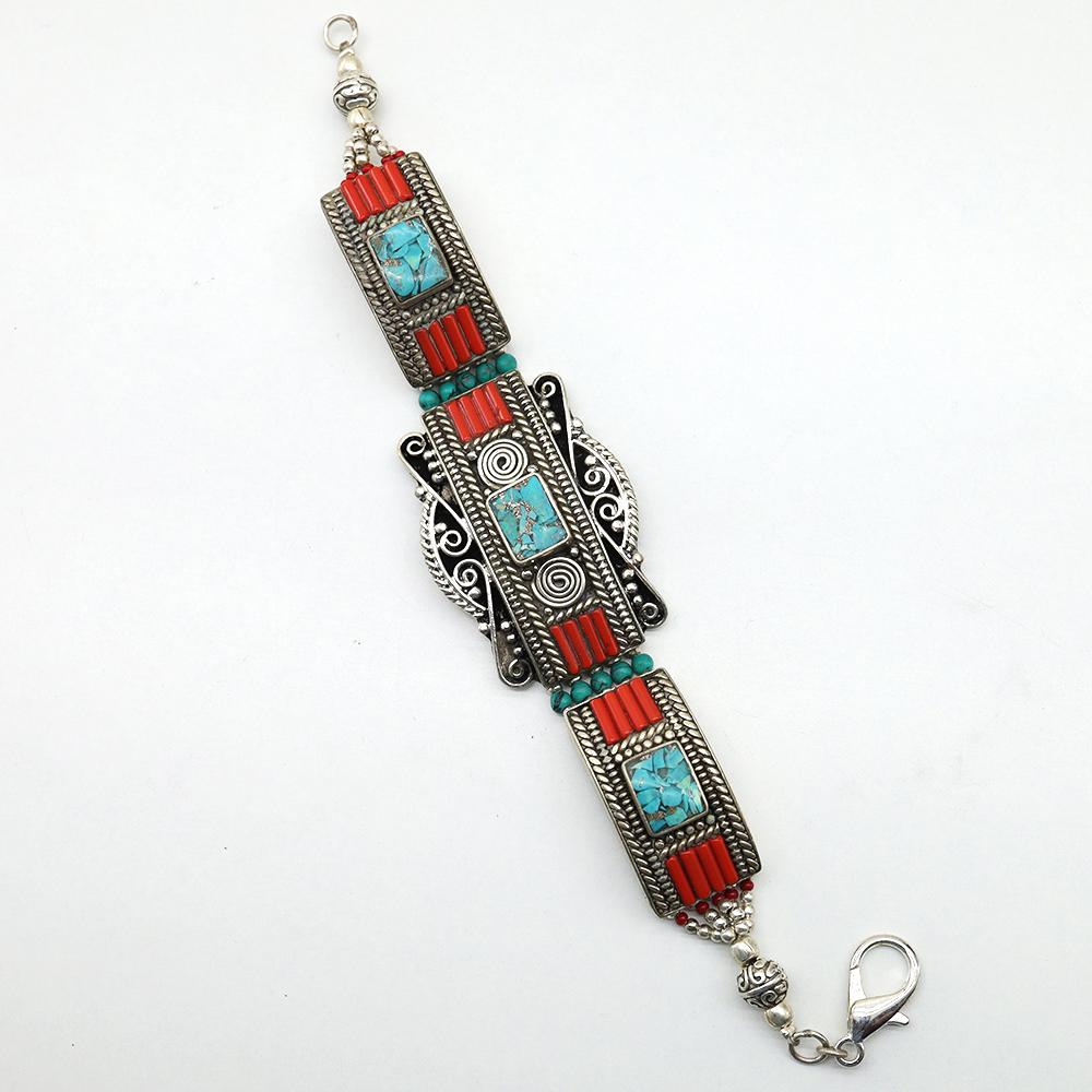 Tibetan Turquoise Choker Handmade Bracelet: TIBETAN TURQUOISE & CORAL HANDMADE BRACELETWeight: 30 Gram ApproxGemstones: Turquoise & Coral, LapisBrand: HandmadeBracelet Length: 7 to 8 InchCountry/Region of Manufacture: Kathmandu/Nepal