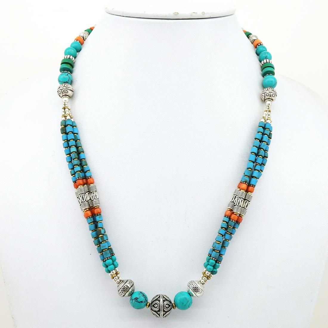 Tibetan Natural Turquoise & Coral Beaded Necklace: Tibetan Handmade Ethnic NecklaceMain Stone: Turquoise, Coral & LapisMetal: Tibetan SilverSize(Inch): 18Material: StoneBrand: HandmadeStyle: BohemianEthnic Origin: TibetanCountry/Region of Manufacture: