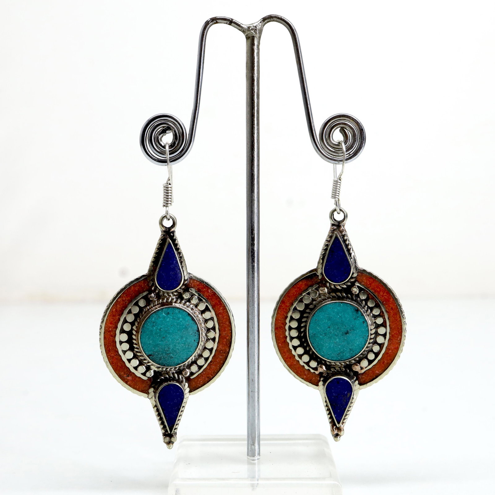 Tibetan Turquoise & Lapis Handmade Earrings: Tibetan Handmade Ethnic EarringsMain Stone: LapisMetal: Tibetan SilverMaterial: StoneBrand: HandmadeStyle: BohemianEthnic Origin: TibetanCountry/Region of Manufacture: Nepal