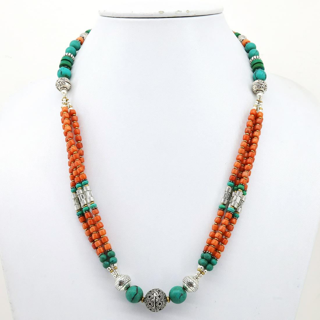 Natural Old Taiwani Coral Beaded Necklace: Natural Old Turquoise & Coral NecklaceWeight: 51 Gram ApproxGemstones: Natural Turquoise & CoralGemstone Orgin: Coral from Taiwan & Turquoise from AfghanistanBrand: HandmadeNecklace Length: 18” Appr