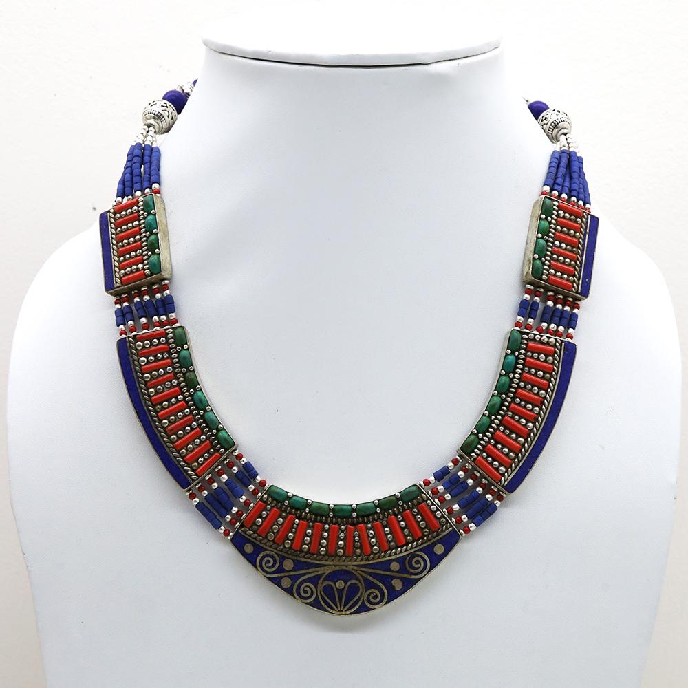 Tibetan Natural Lapis Handmade Chokar Necklace: Tibet Natural Stone Hand Made Turquoise, Coral & Lapis Necklace......This elegant Necklace was handcrafted in Tibet, the home of exquisite jewelry craftsmanship. It was skillfully made with large natu