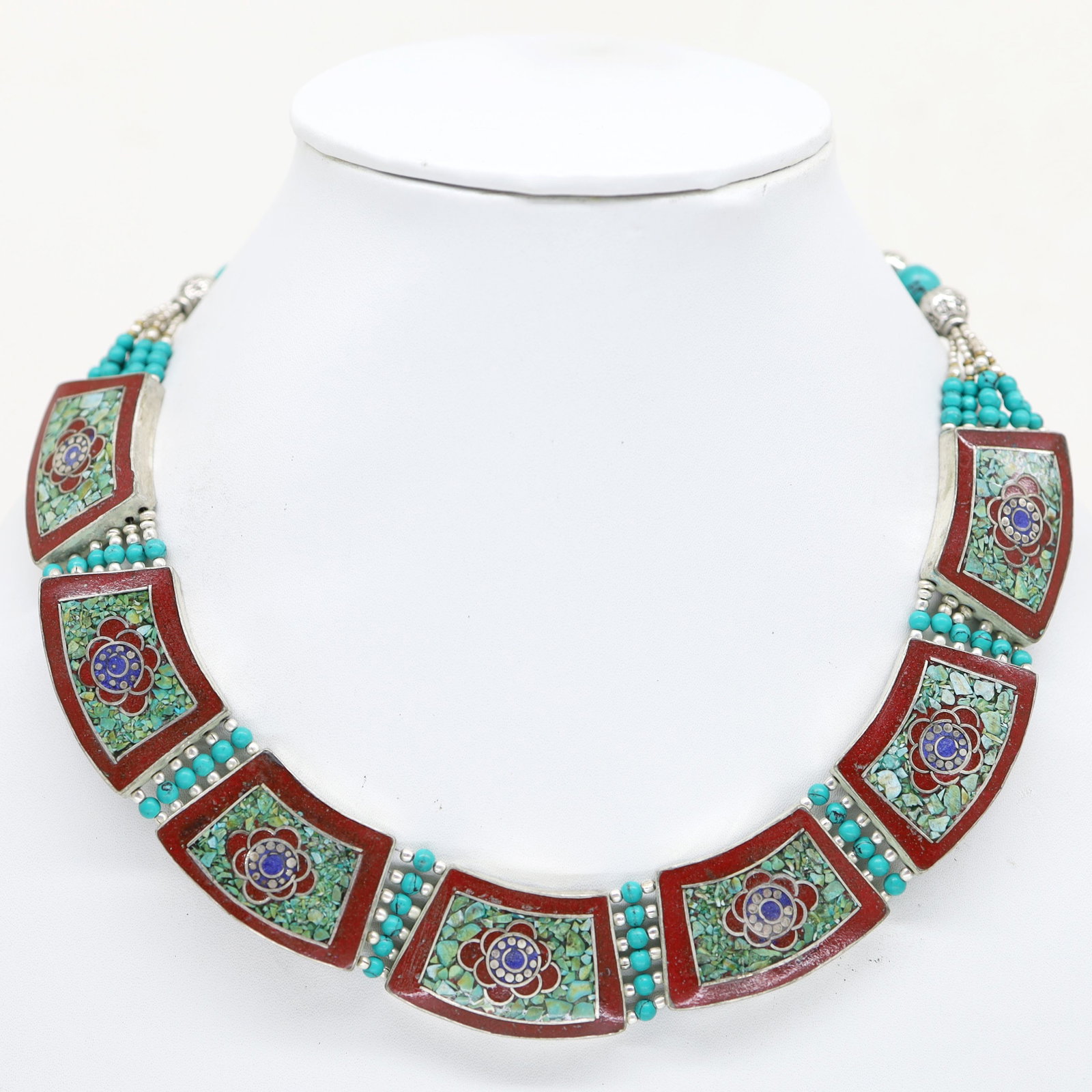 Tibetan Natural Turquoise Handmade Chokar Necklace: Tibet Natural Stone Hand Made Turquoise, Coral & Lapis Necklace......This elegant Necklace was handcrafted in Tibet, the home of exquisite jewelry craftsmanship. It was skillfully made with large natu