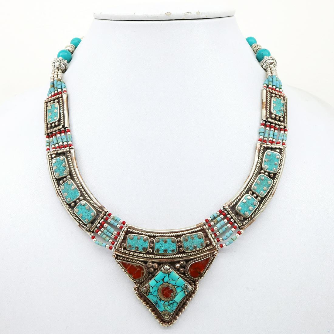 Tibetan Turquoise & Coral Handmade Chokar Necklace: Tibet Natural Stone Hand Made Turquoise, Coral & Lapis Necklace......This elegant Necklace was handcrafted in Tibet, the home of exquisite jewelry craftsmanship. It was skillfully made with large natu