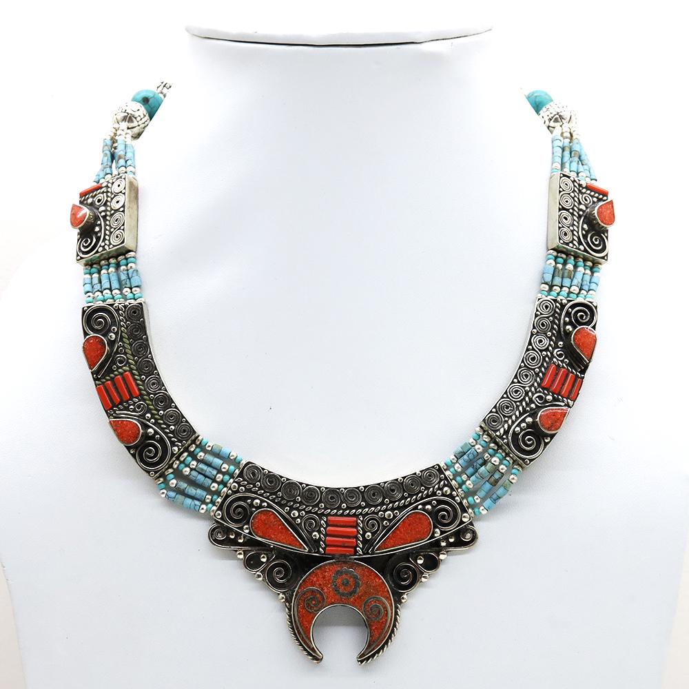 Tibetan Turquoise & Coral Handmade Chokar Necklace: Tibet Natural Stone Hand Made Turquoise, Coral & Lapis Necklace......This elegant Necklace was handcrafted in Tibet, the home of exquisite jewelry craftsmanship. It was skillfully made with large natu