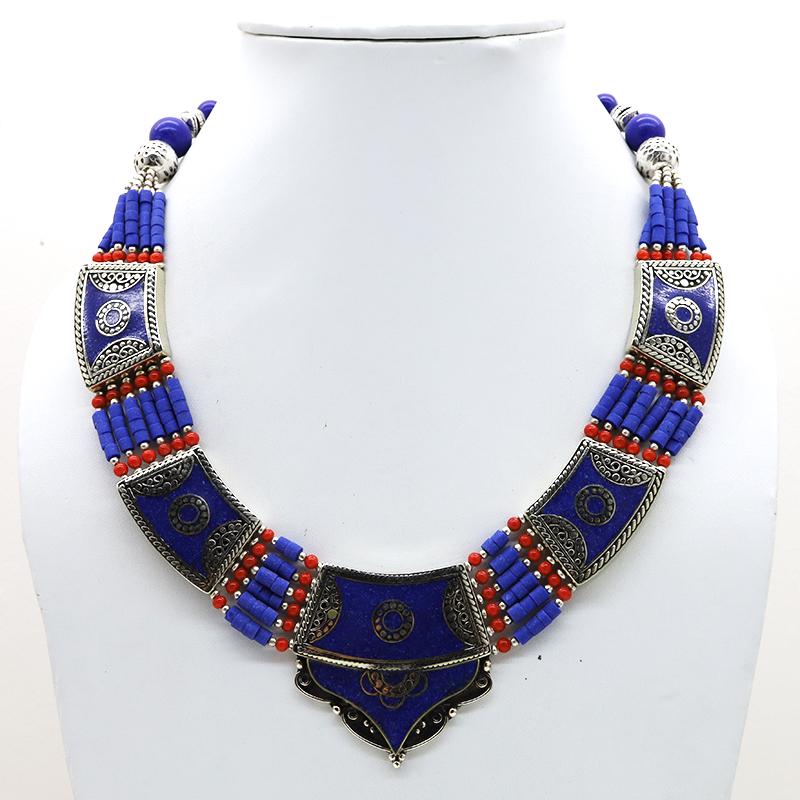 Afghani Lapis Handmade Chokar Necklace: Tibet Natural Stone Hand Made Turquoise, Coral & Lapis Necklace......This elegant Necklace was handcrafted in Tibet, the home of exquisite jewelry craftsmanship. It was skillfully made with large natu