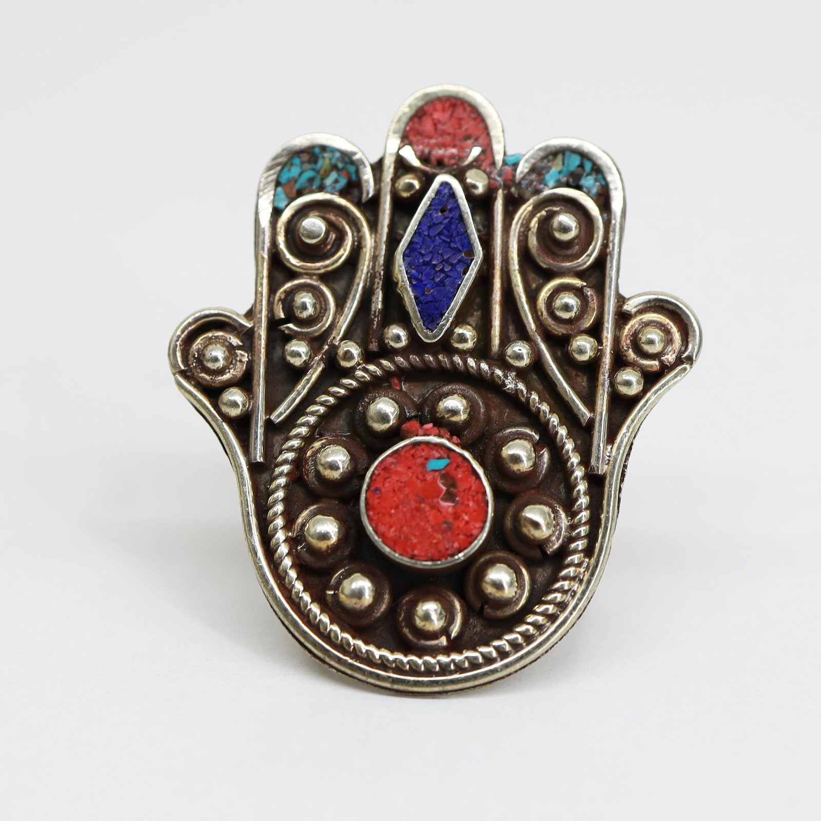 Tibetan Hand-Carved Old Ethnic Ring - Free Size: Tibet Natural Stone Hand Made Turquoise, Coral & Amber Old Antique Ring......;This elegant large Ring was handcrafted in Tibet, the home of exquisite jewelry craftsmanship. It was skillfully made with