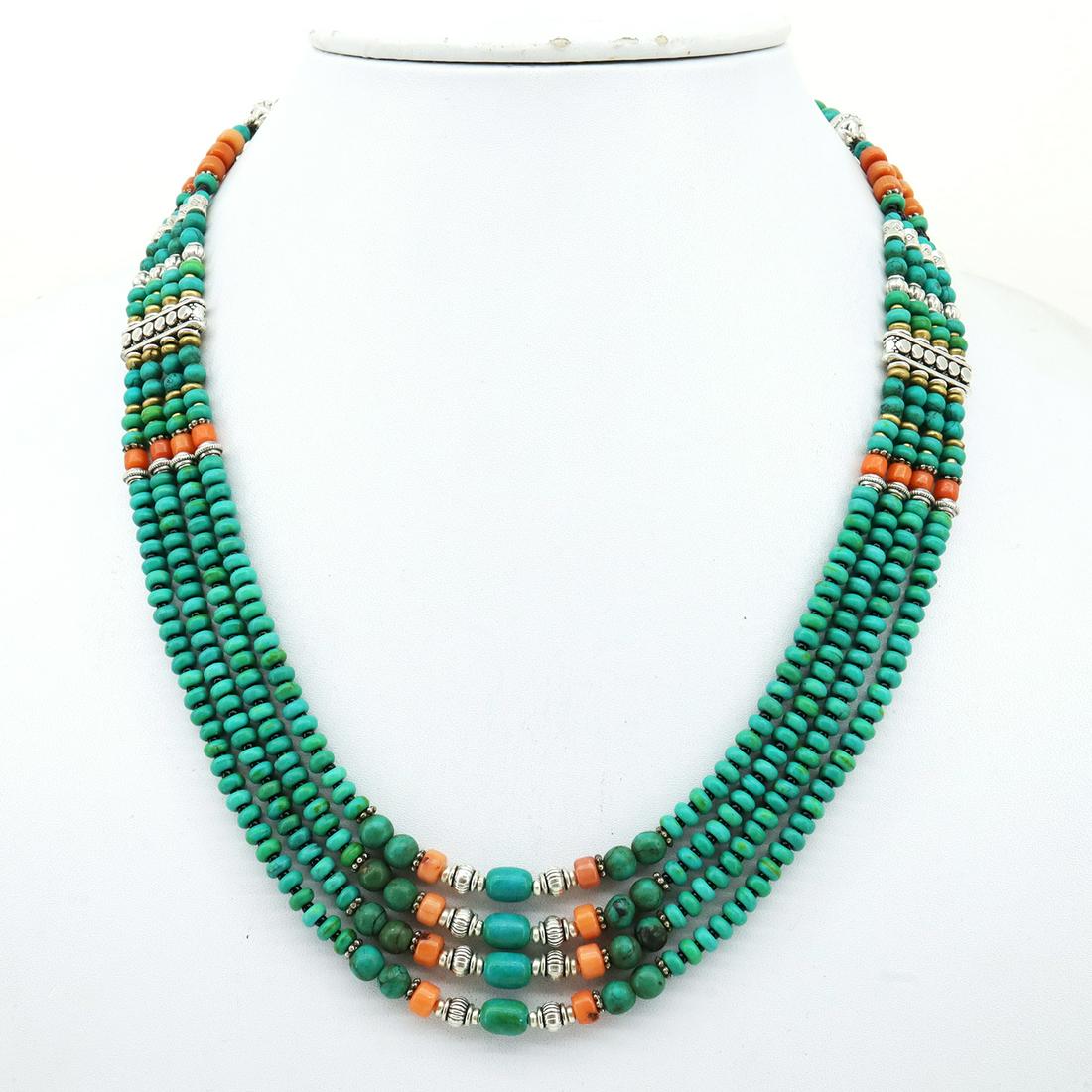 Natural Old Tibetan Turquoise Beaded Necklace: Natural Old Turquoise & Coral NecklaceWeight: 51 Gram ApproxGemstones: Natural Turquoise & CoralGemstone Orgin: Coral from Taiwan & Turquoise from AfghanistanBrand: HandmadeNecklace Length: 18” Appr