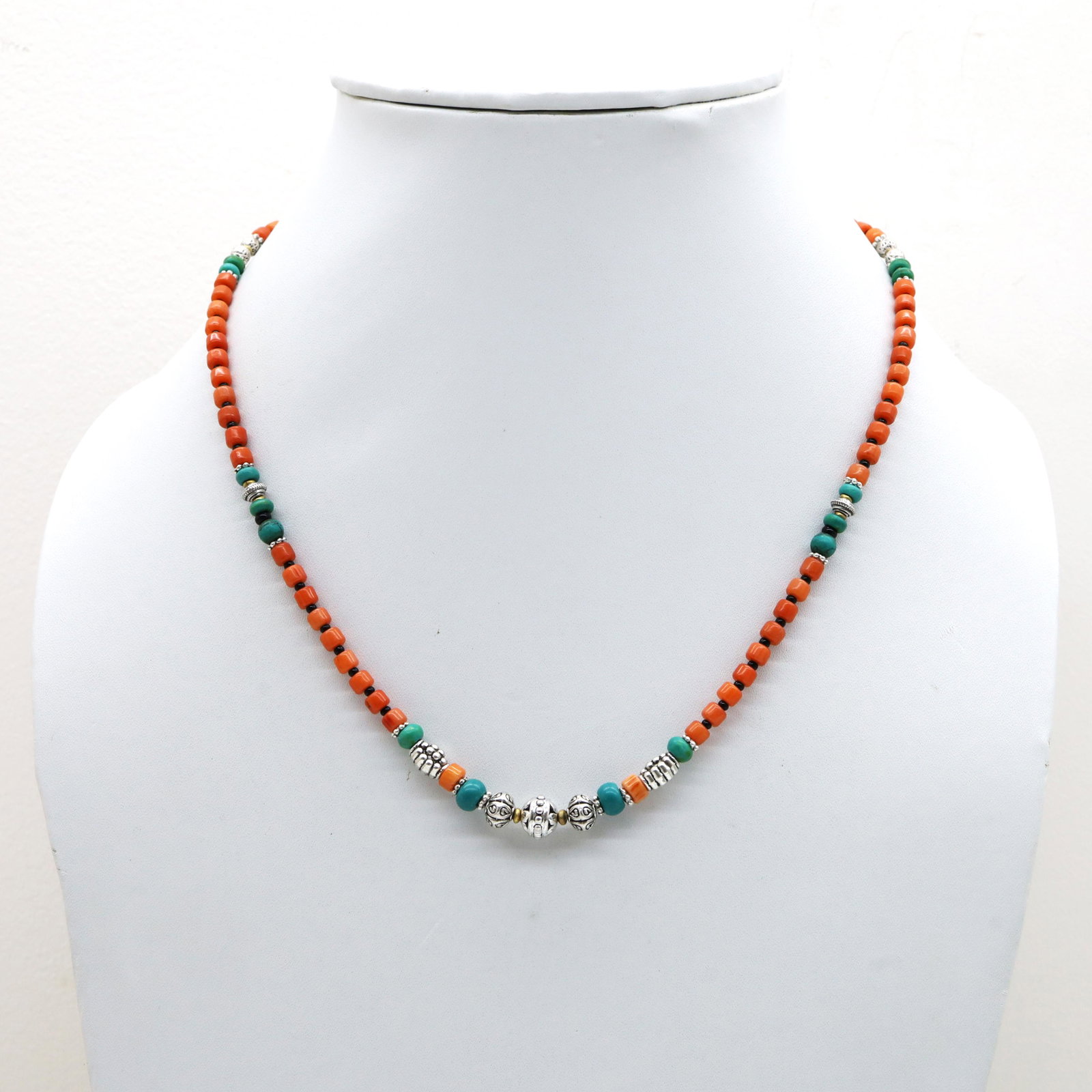 Natural Taiwani Coral Beaded Necklace: Natural Turquoise Beaded NecklaceWeight: 40 Gram ApproxGemstones: Natural Turquoise & CoralBrand: HandmadeNecklace Length: 16” ApproxCountry/Region of Manufacture: Nepal