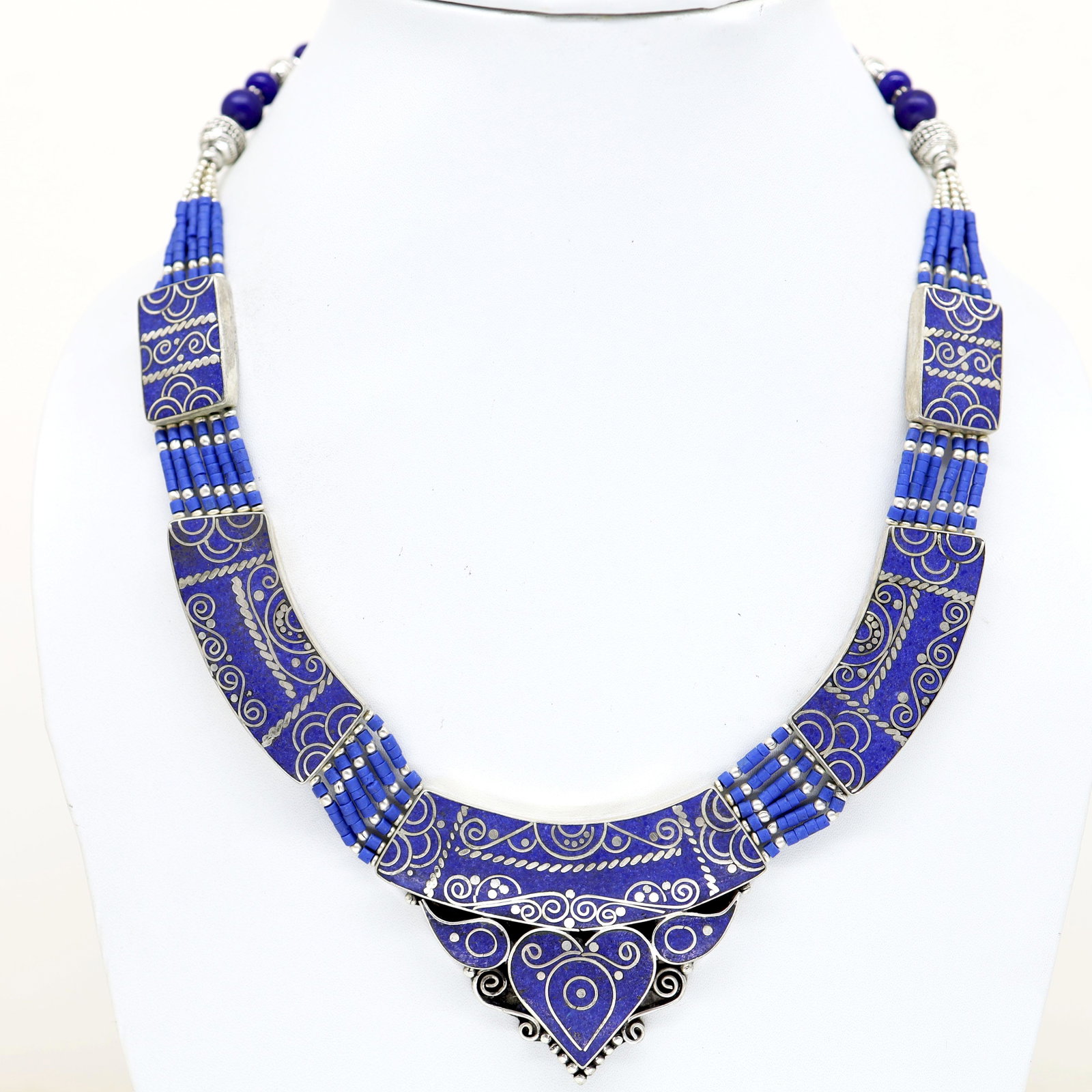 Afghani Natural Lapis Handmade Boho Necklace: Tibet Natural Stone Hand Made Turquoise, Coral & Lapis Necklace......This elegant Necklace was handcrafted in Tibet, the home of exquisite jewelry craftsmanship. It was skillfully made with large natu