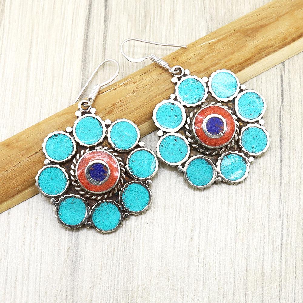 Tibetan Turquoise & Lapis Ethnic Handmade Earrings: Tibet Natural Stone Hand Made Turquoise, Coral & Lapis Earrings......This elegant Earrings was handcrafted in Tibet, the home of exquisite jewelry craftsmanship. It was skillfully made with large natu