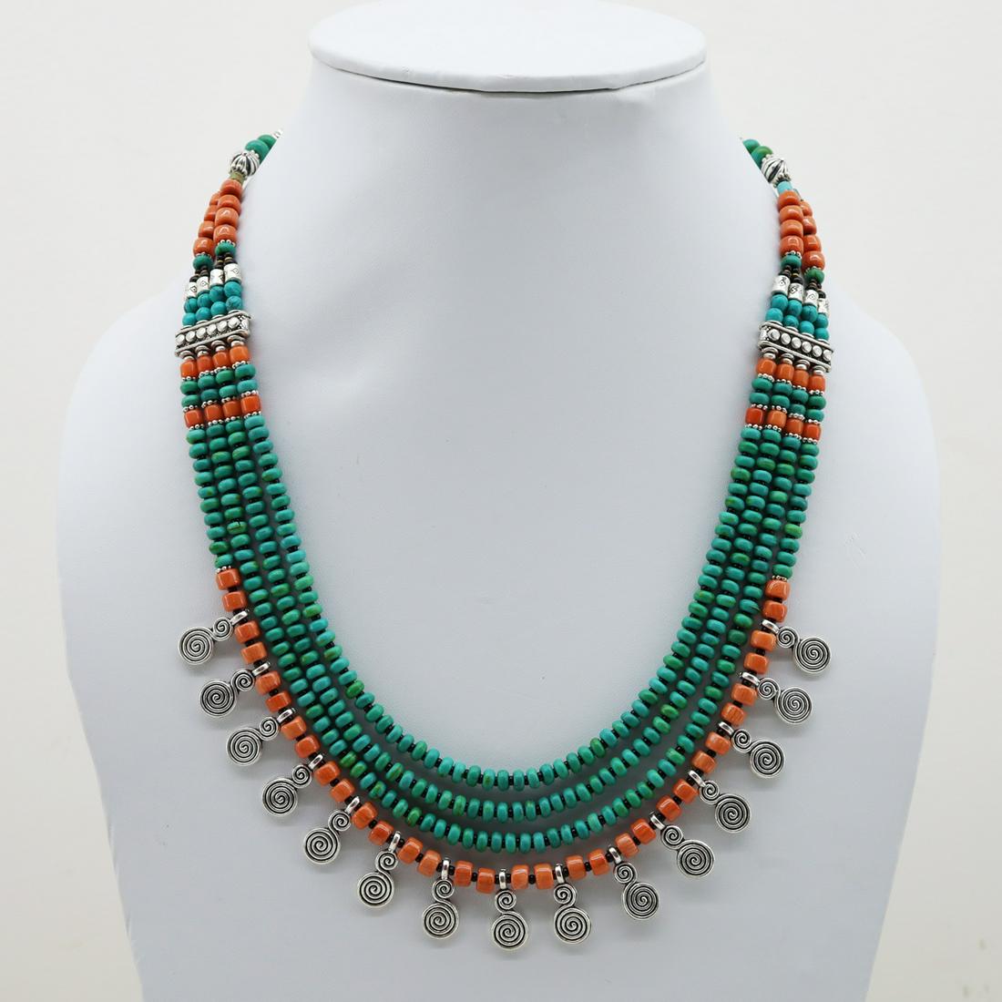 Natural Old Turquoise & Coral Beaded Necklace: Natural Old Turquoise & Coral NecklaceWeight: 62 Gram ApproxGemstones: Natural Turquoise & CoralGemstone Orgin: Coral from Taiwan & Turquoise from AfghanistanBrand: HandmadeNecklace Length: 18” Appr
