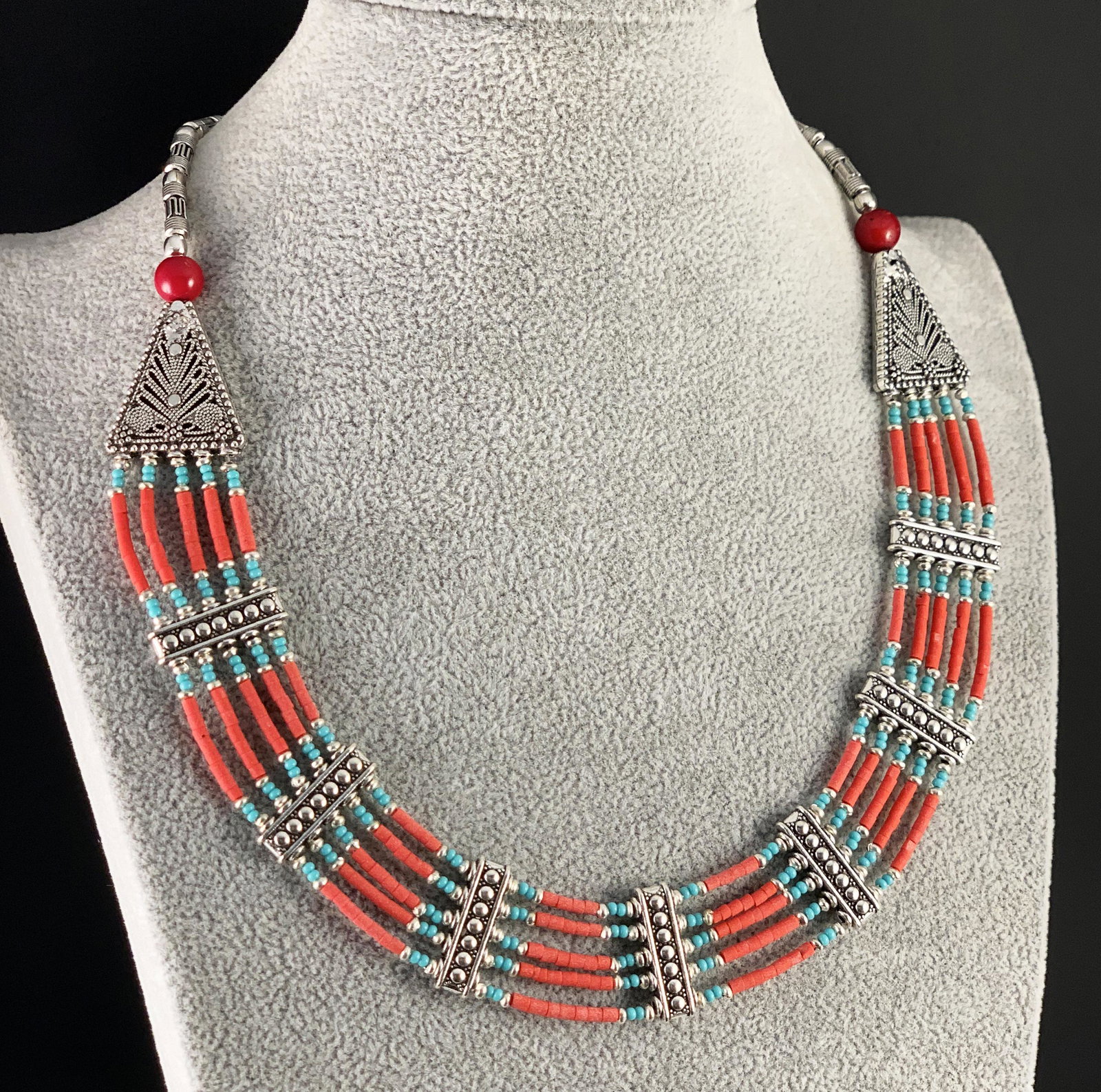 Tibetan Coral Handmade Chokar Beaded Necklace: Tibet Natural Stone Hand Made Turquoise, Coral & Lapis Necklace......This elegant Necklace was handcrafted in Tibet, the home of exquisite jewelry craftsmanship. It was skillfully made with large natu