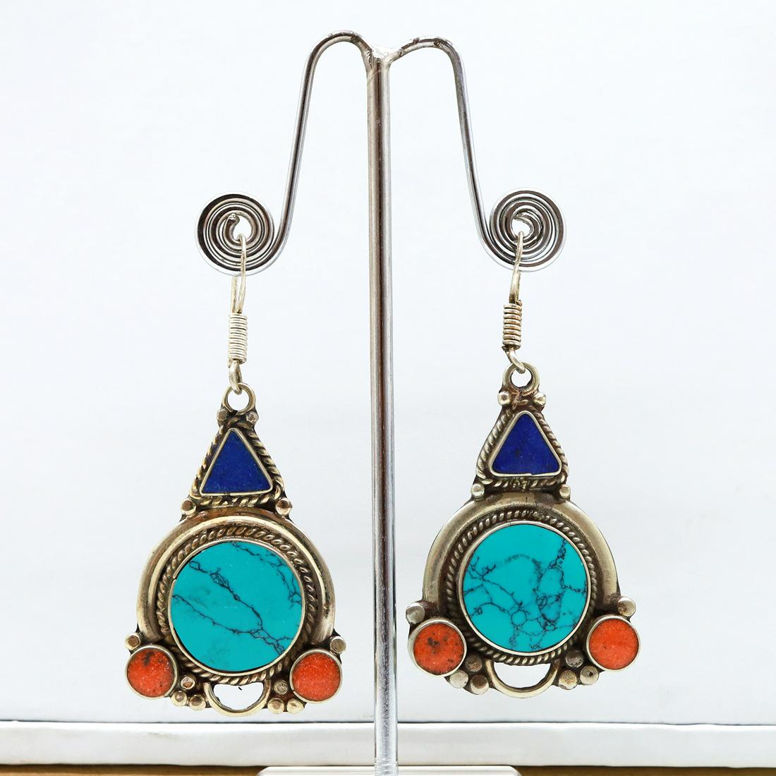 New Arrival Nepali Turquoise Coral Tibetan Earring: Tibetan Handmade Ethnic EarringsMain Stone: Turquoise, Coral & LapisMetal: Tibetan SilverMaterial: StoneBrand: HandmadeStyle: BohemianEthnic Origin: TibetanCountry/Region of Manufacture: Nepal