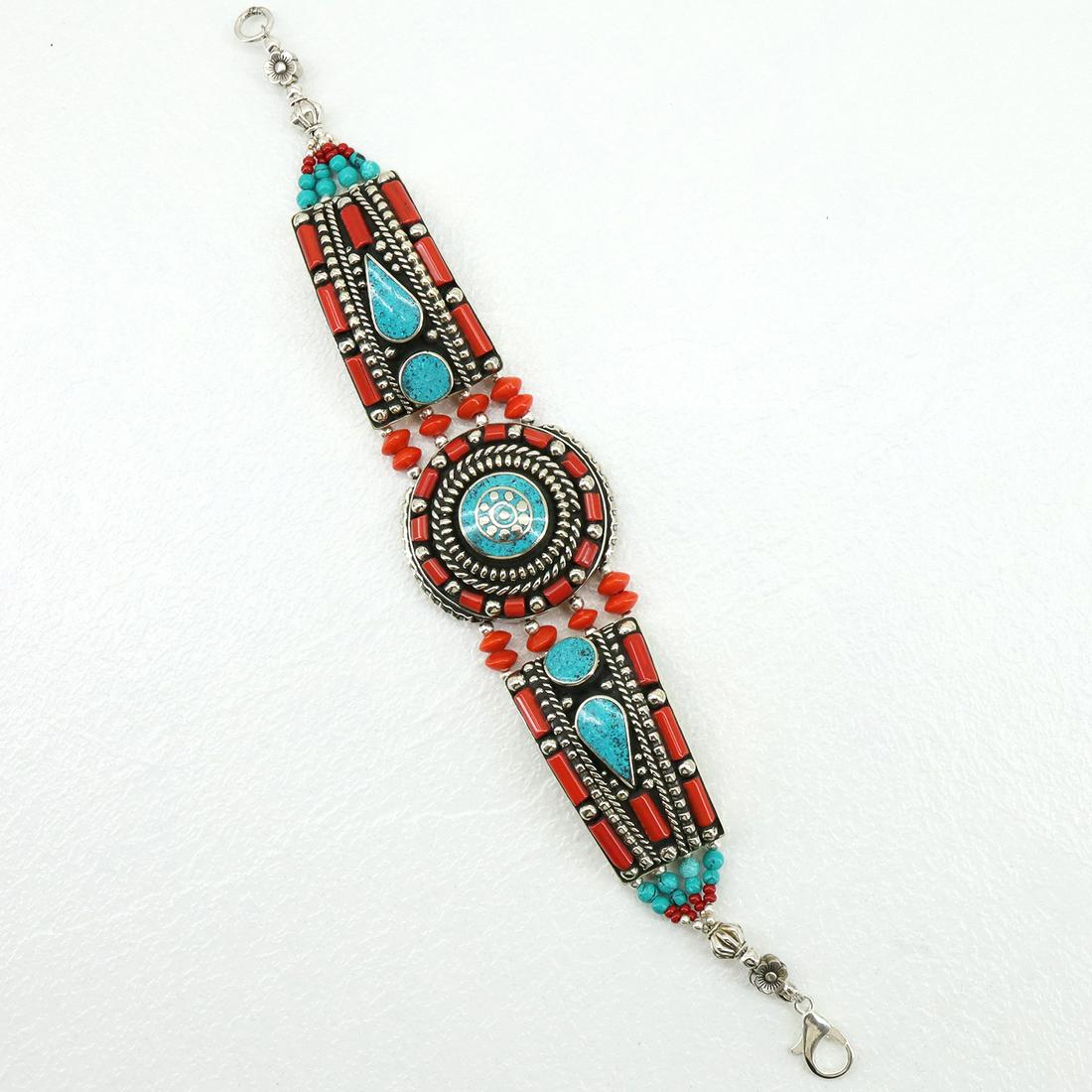 Natural Turquoise & Coral Handmade Bracelet: Tibetan Handmade Ethnic BraceletMain Stone: Turquoise & CoralMetal: Tibetan SilverLength (inches): 6 to 7Weight: 30 Gram ApproxMaterial: StoneBrand: HandmadeStyle: BohemianEthnic Origin: TibetanCountr
