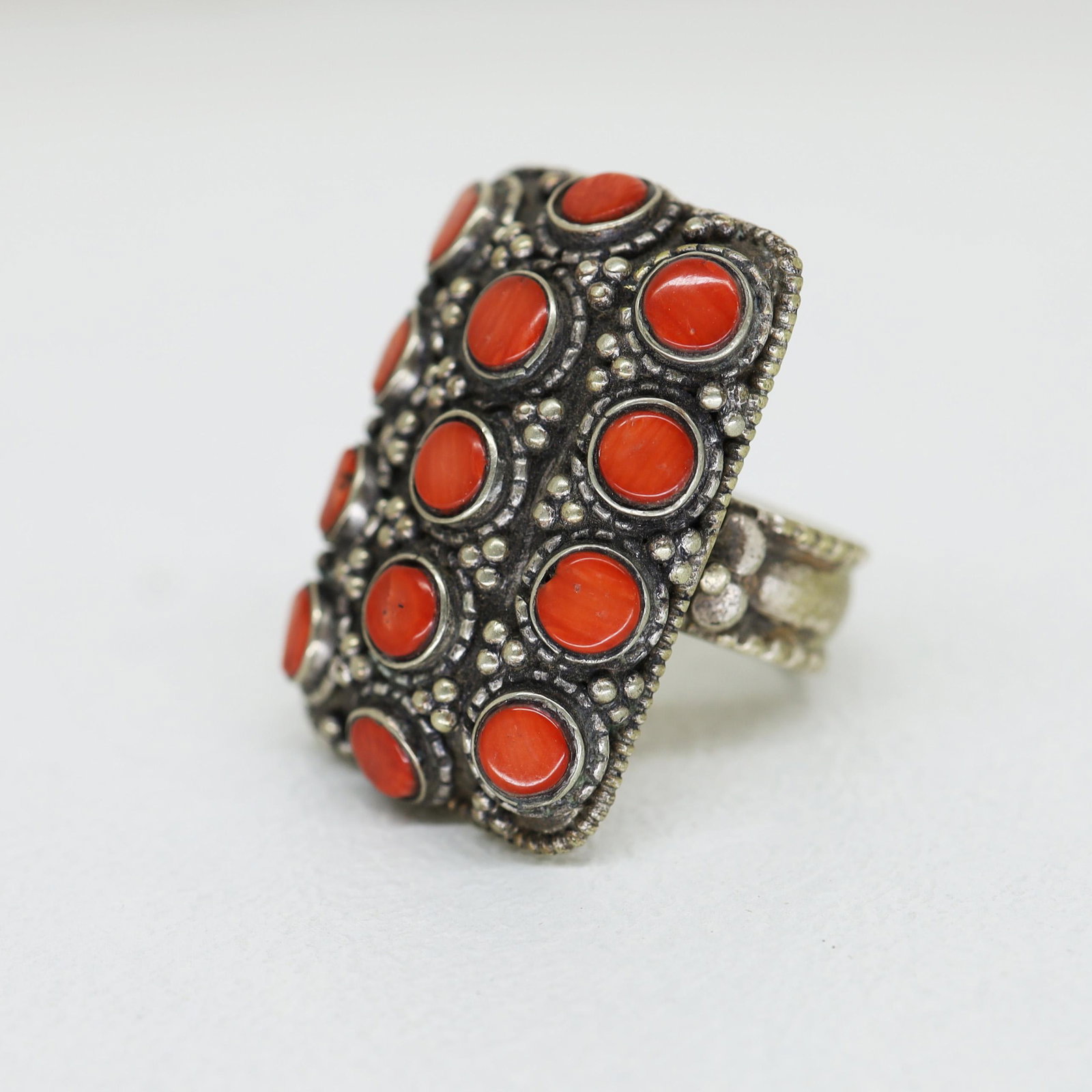 Tibetan Coral Hand-Carved Boho Ring - 10.5MM: Tibet Natural Stone Hand Made Turquoise, Coral & Amber Old Antique Ring......;This elegant large Ring was handcrafted in Tibet, the home of exquisite jewelry craftsmanship. It was skillfully made with