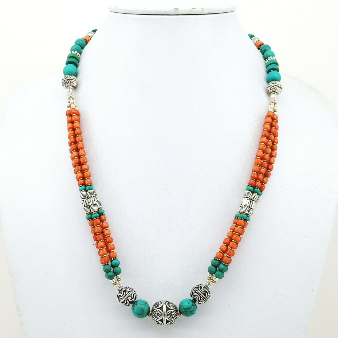 Natural Old Turquoise & Coral Beaded Necklace: Natural Old Turquoise & Coral NecklaceWeight: 62 Gram ApproxGemstones: Natural Turquoise & CoralGemstone Orgin: Coral from Taiwan & Turquoise from AfghanistanBrand: HandmadeNecklace Length: 18” Appr