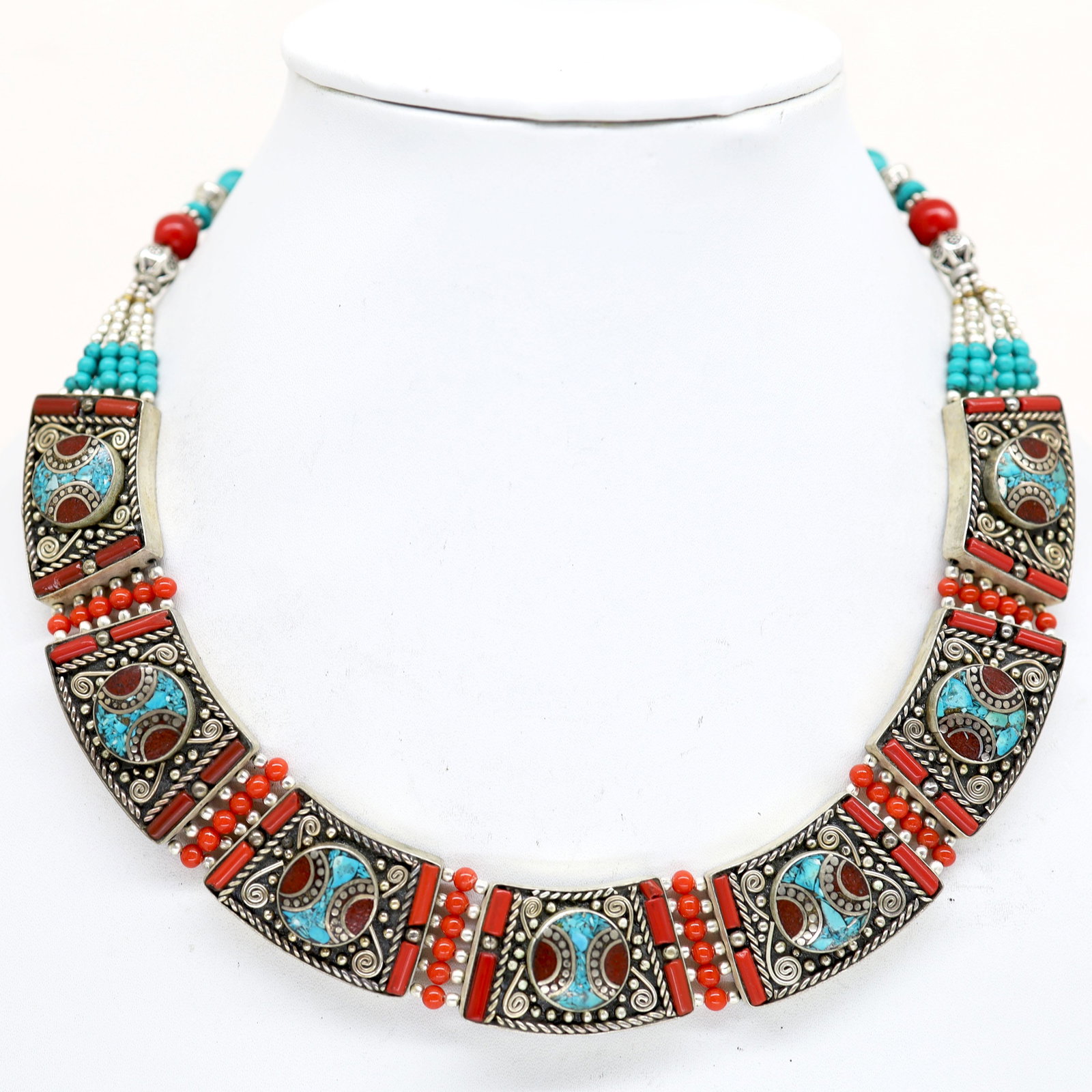Natural Turquoise & Coral Handmade Necklace: Tibet Natural Stone Hand Made Turquoise, Coral & Lapis Necklace......This elegant Necklace was handcrafted in Tibet, the home of exquisite jewelry craftsmanship. It was skillfully made with large natu