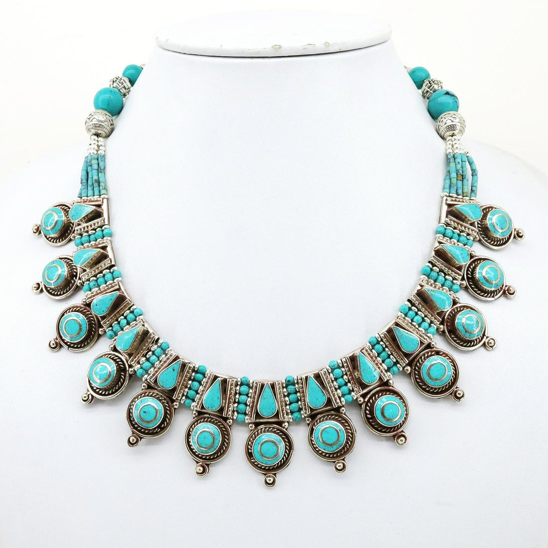 New Arrival - Tibetan Turquoise Handmade Chokar Necklace: Tibet Natural Stone Hand Made Turquoise, Coral & Lapis Necklace......This elegant Necklace was handcrafted in Tibet, the home of exquisite jewelry craftsmanship. It was skillfully made with large natu