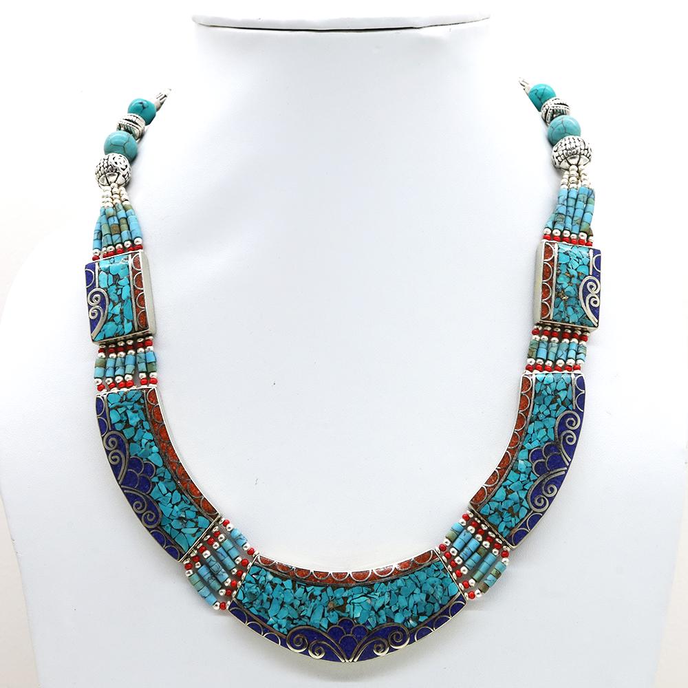 Tibetan Turquoise & Lapis Beaded Chokar Necklace: Tibetan Handmade Ethnic NecklaceMain Stone: Turquoise, Coral & LapisMetal: Tibetan SilverSize(Inch): 18Material: StoneBrand: HandmadeStyle: BohemianEthnic Origin: TibetanCountry/Region of Manufacture:
