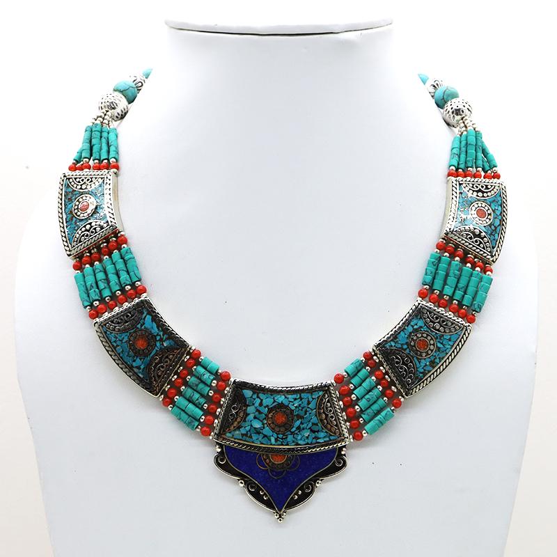Tibetan Turquoise Handmade Chokar Necklace: Tibet Natural Stone Hand Made Turquoise, Coral & Lapis Necklace......This elegant Necklace was handcrafted in Tibet, the home of exquisite jewelry craftsmanship. It was skillfully made with large natu