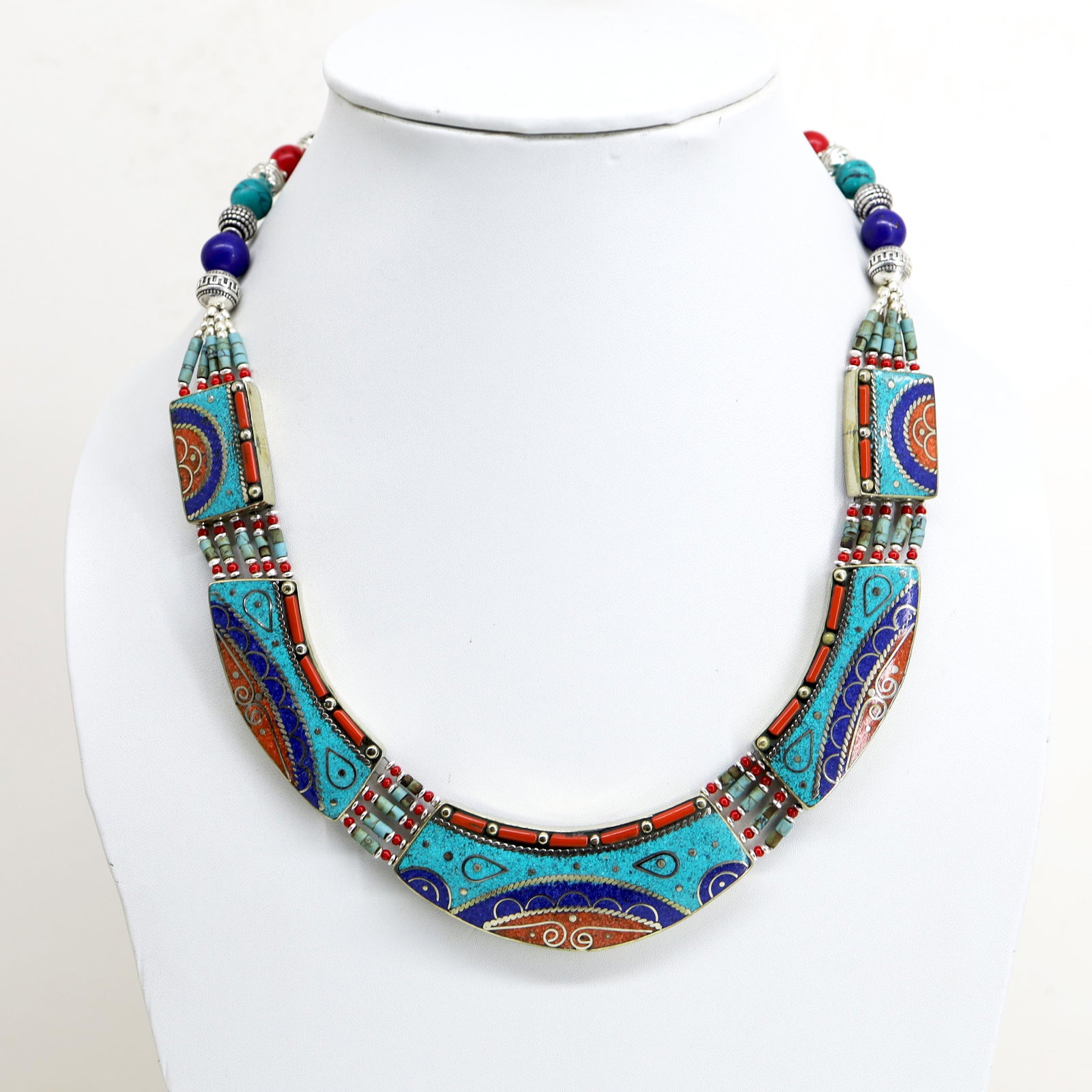 New Arrival - Tibetan Turquoise Handmade Necklace: Tibet Natural Stone Hand Made Turquoise, Coral & Lapis Necklace......This elegant Necklace was handcrafted in Tibet, the home of exquisite jewelry craftsmanship. It was skillfully made with large natu
