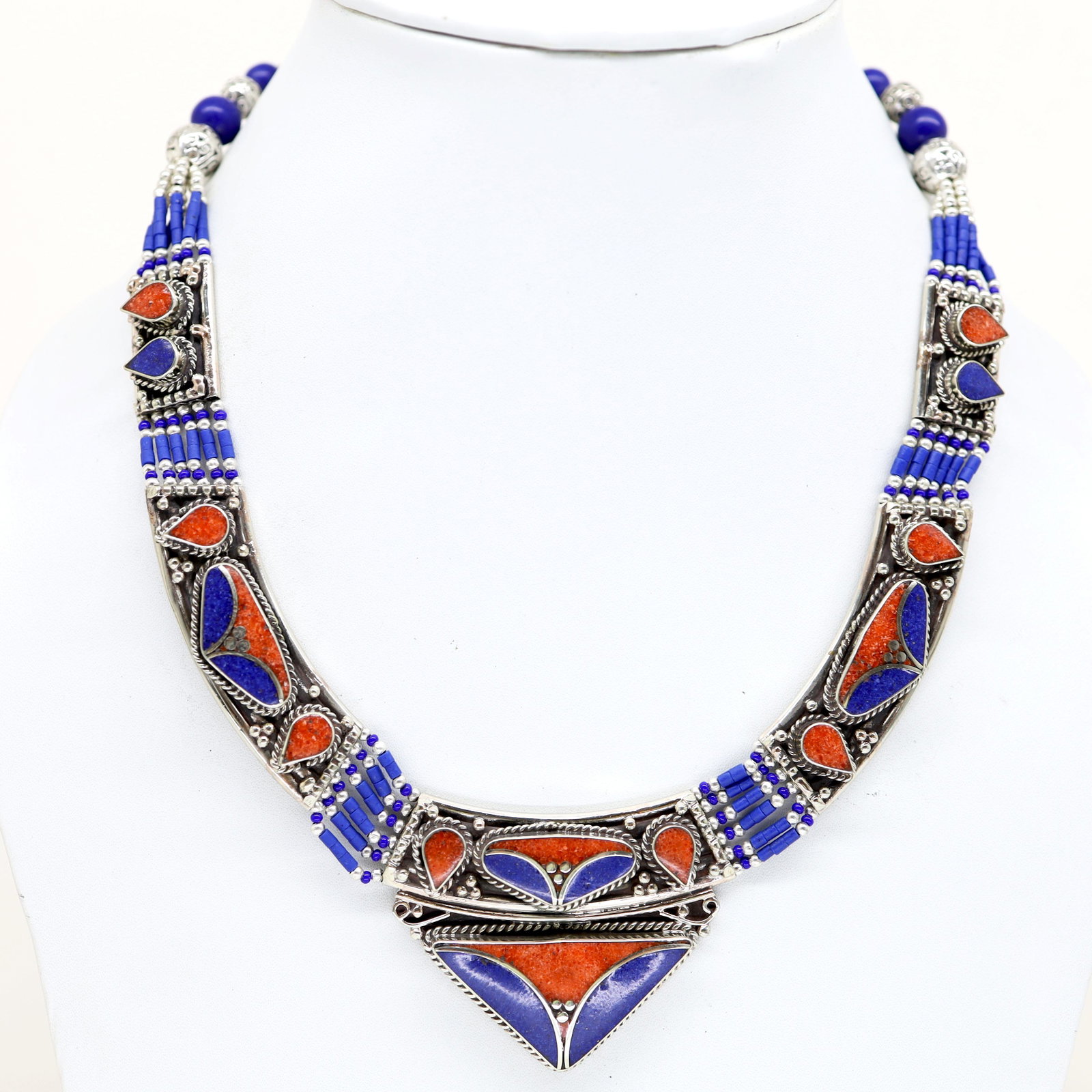 Natural Turquoise & Coral Handmade Necklace: Tibet Natural Stone Hand Made Turquoise, Coral & Lapis Necklace......This elegant Necklace was handcrafted in Tibet, the home of exquisite jewelry craftsmanship. It was skillfully made with large natu