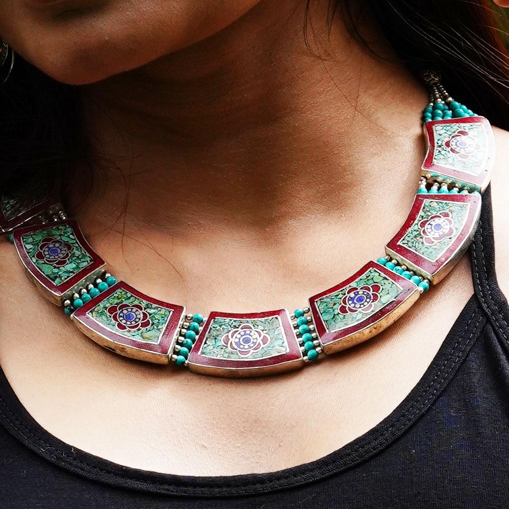 Natural Turquoise & Coral Handmade Choker Necklace: Tibet Natural Stone Hand Made Turquoise, Coral & Lapis Necklace......This elegant Necklace was handcrafted in Tibet, the home of exquisite jewelry craftsmanship. It was skillfully made with large natu