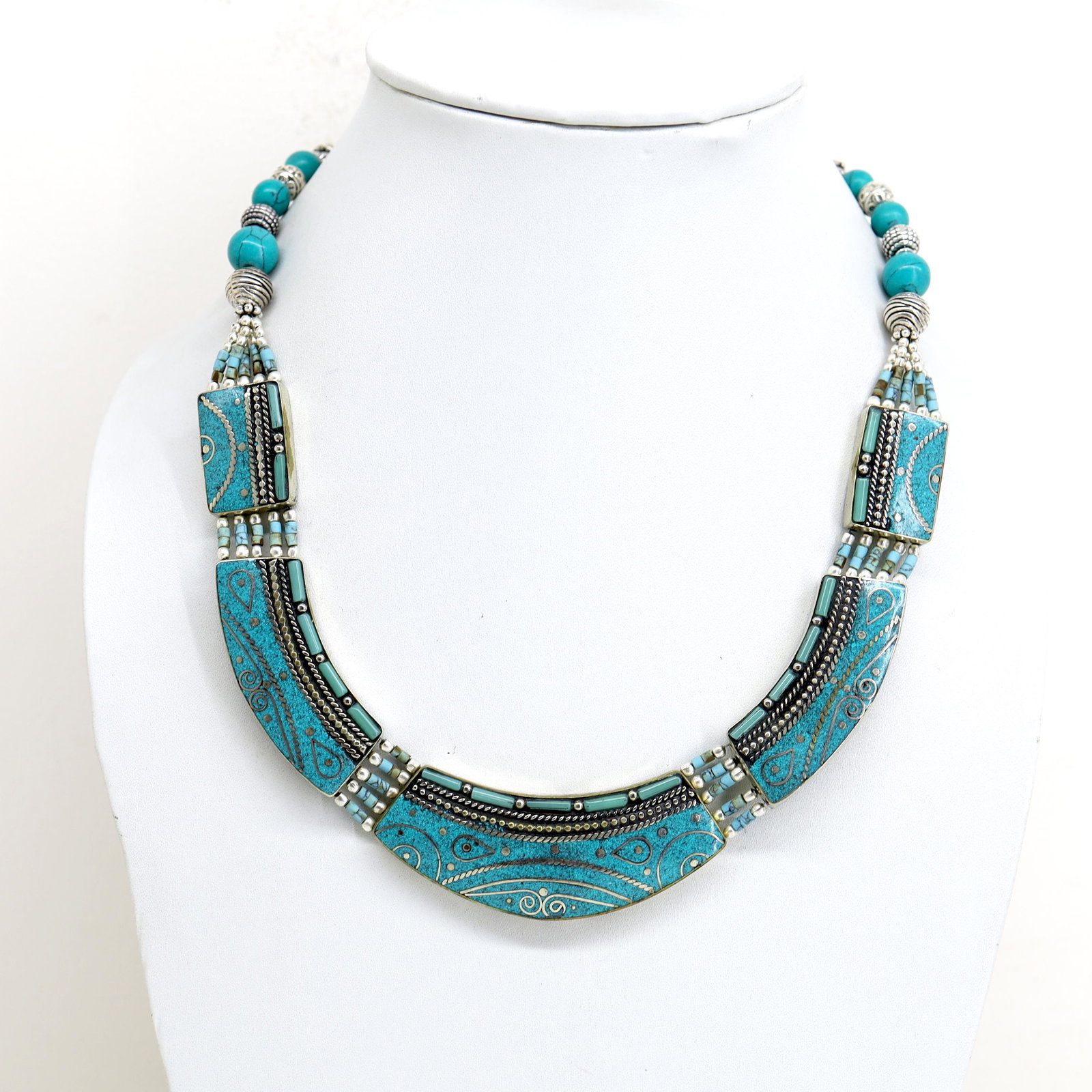 Tibetan Turquoise Handmade Chokar Necklace: Tibet Natural Stone Hand Made Turquoise, Coral & Lapis Necklace......This elegant Necklace was handcrafted in Tibet, the home of exquisite jewelry craftsmanship. It was skillfully made with large natu