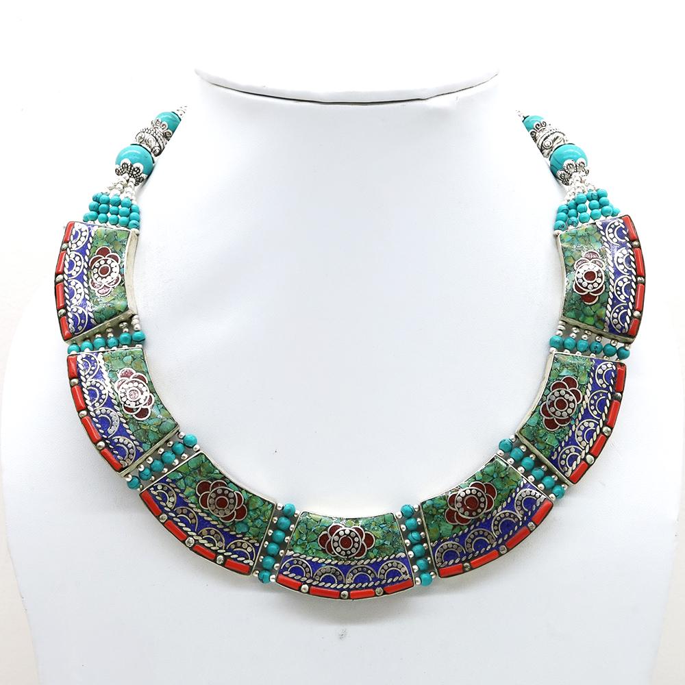 New Arrival - Turquoise Handmade Chokar Necklace: Tibet Natural Stone Hand Made Turquoise, Coral & Lapis Necklace......This elegant Necklace was handcrafted in Tibet, the home of exquisite jewelry craftsmanship. It was skillfully made with large natu