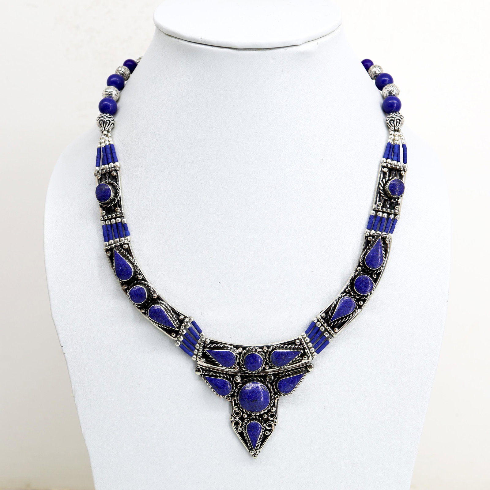 Tibetan Natural Lapis Handmade Chokar Necklace: Tibet Natural Stone Hand Made Turquoise, Coral & Lapis Necklace......This elegant Necklace was handcrafted in Tibet, the home of exquisite jewelry craftsmanship. It was skillfully made with large natu