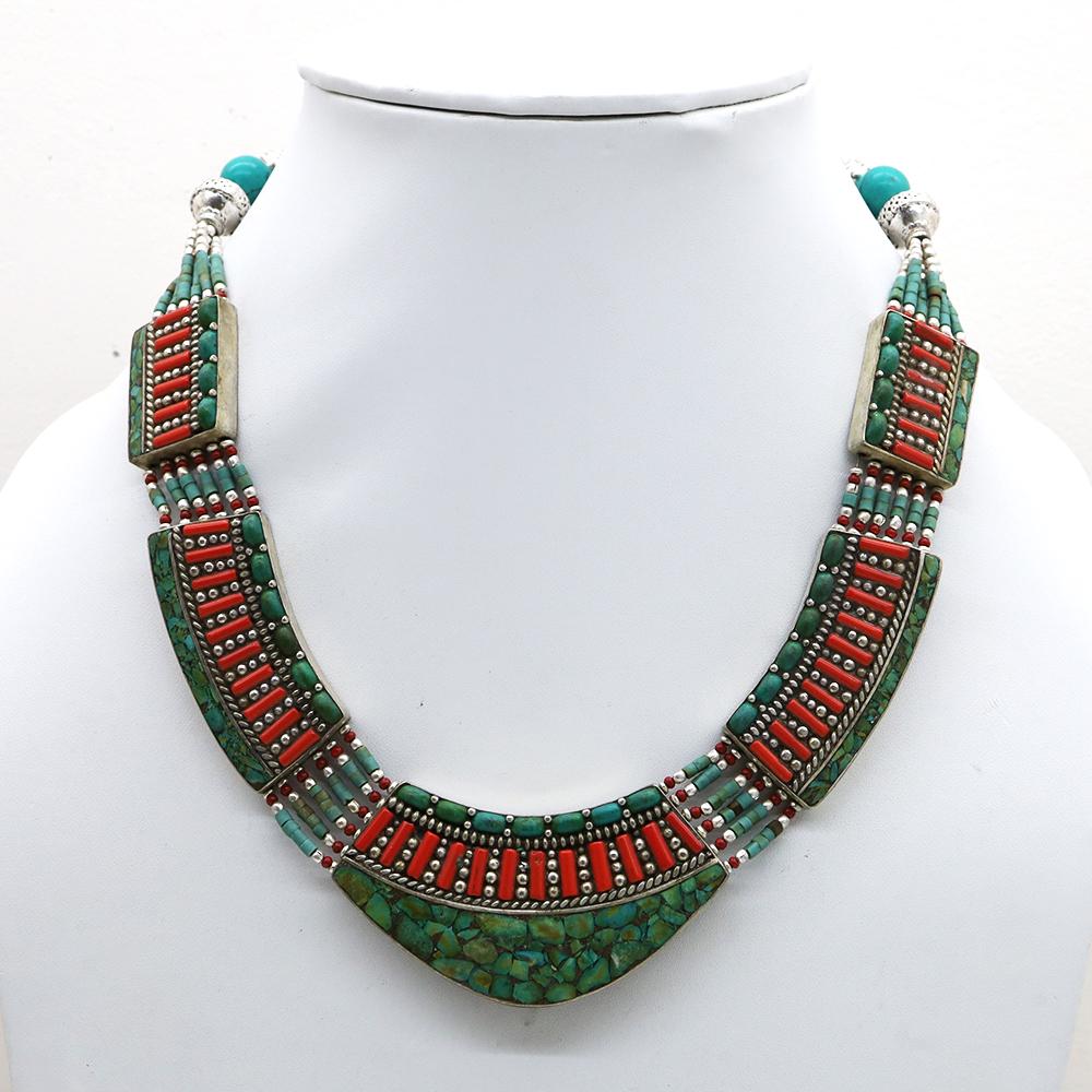Tibetan Turquoise Handmade Chokar Necklace: Tibet Natural Stone Hand Made Turquoise, Coral & Lapis Necklace......This elegant Necklace was handcrafted in Tibet, the home of exquisite jewelry craftsmanship. It was skillfully made with large natu