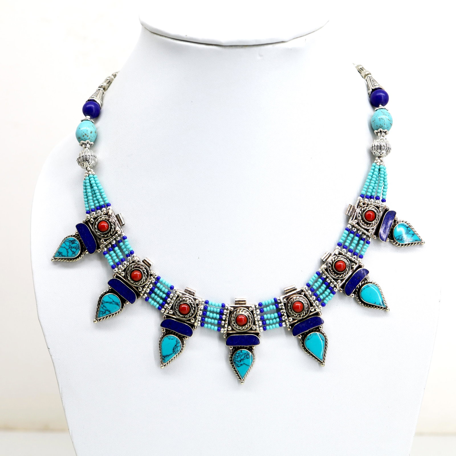 Tibetan Turquoise & Lapis Handmade Chokar Necklace: Tibet Natural Stone Hand Made Turquoise, Coral & Lapis Necklace......This elegant Necklace was handcrafted in Tibet, the home of exquisite jewelry craftsmanship. It was skillfully made with large natu