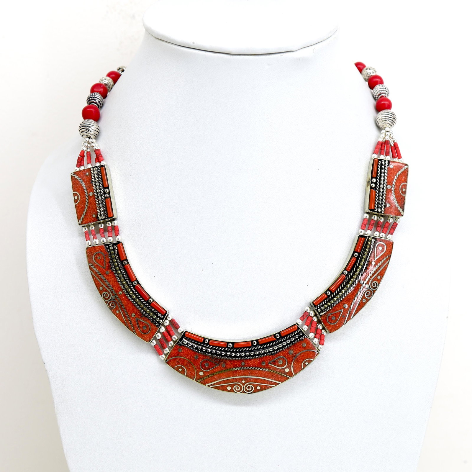 Tibetan Red Coral Handmade Chokar Necklace: Tibet Natural Stone Hand Made Turquoise, Coral & Lapis Necklace......This elegant Necklace was handcrafted in Tibet, the home of exquisite jewelry craftsmanship. It was skillfully made with large natu