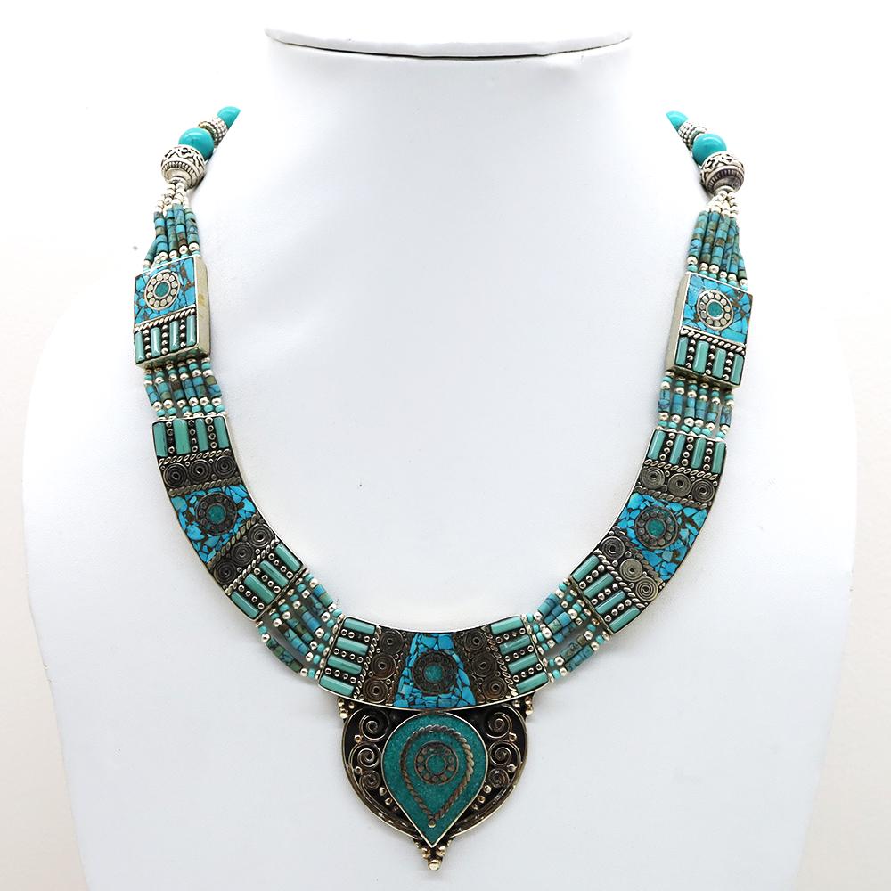 Tibetan Turquoise Handmade Chokar Necklace: Tibet Natural Stone Hand Made Turquoise, Coral & Lapis Necklace......This elegant Necklace was handcrafted in Tibet, the home of exquisite jewelry craftsmanship. It was skillfully made with large natu