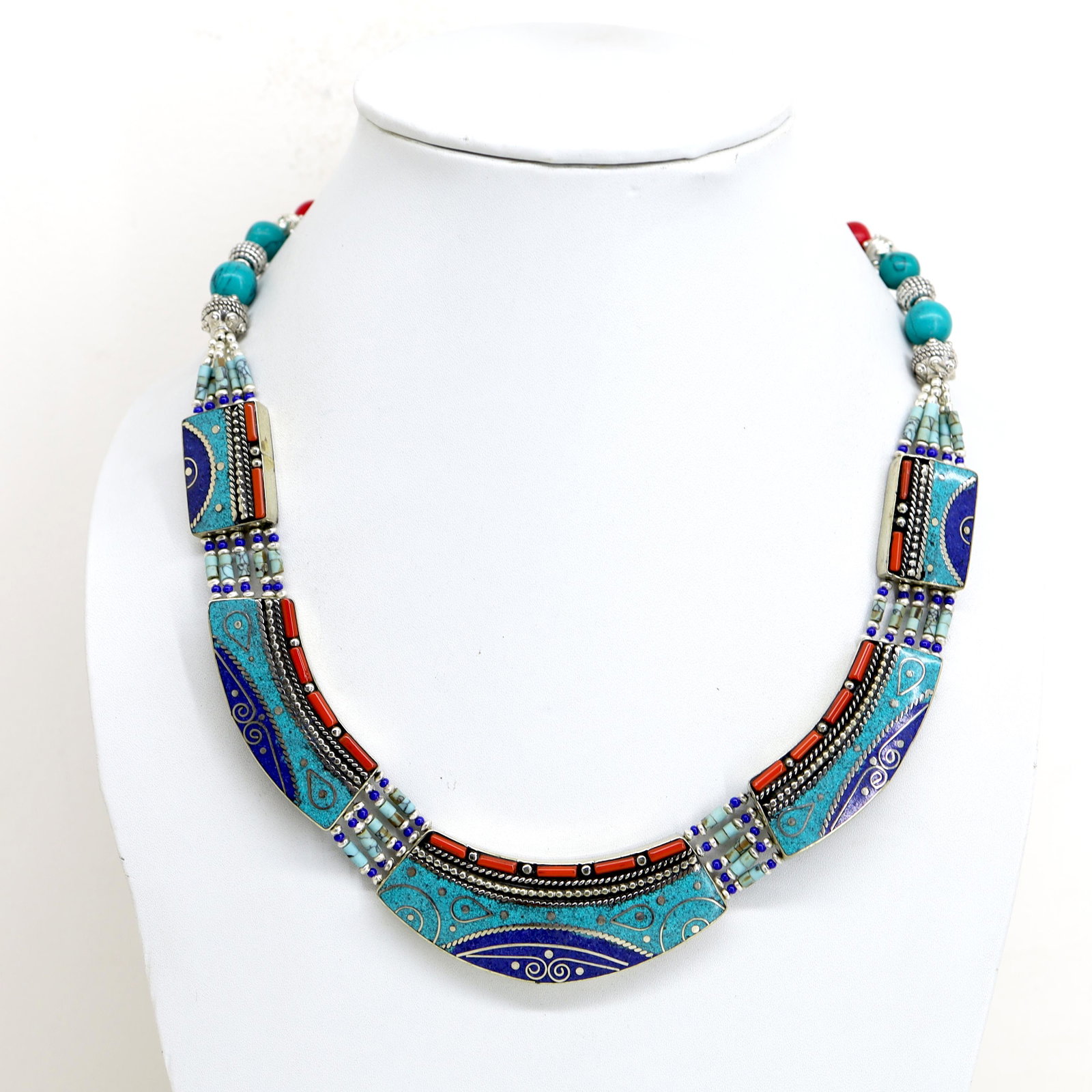 Turquoise & Lapis Handmade Tibetan Necklace: Tibet Natural Stone Hand Made Turquoise, Coral & Lapis Necklace......This elegant Necklace was handcrafted in Tibet, the home of exquisite jewelry craftsmanship. It was skillfully made with large natu