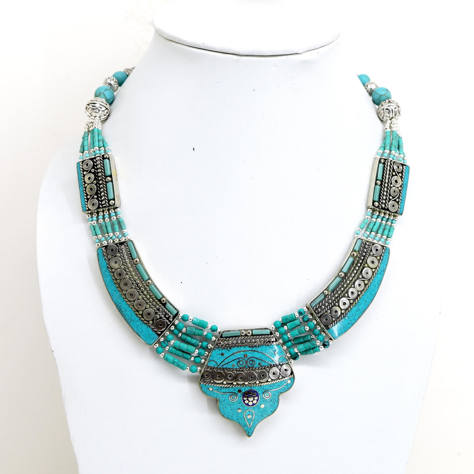 Tibetan Turquoise Handmade Vintage Necklace: Tibet Natural Stone Hand Made Turquoise, Coral & Lapis Necklace......This elegant Necklace was handcrafted in Tibet, the home of exquisite jewelry craftsmanship. It was skillfully made with large natu
