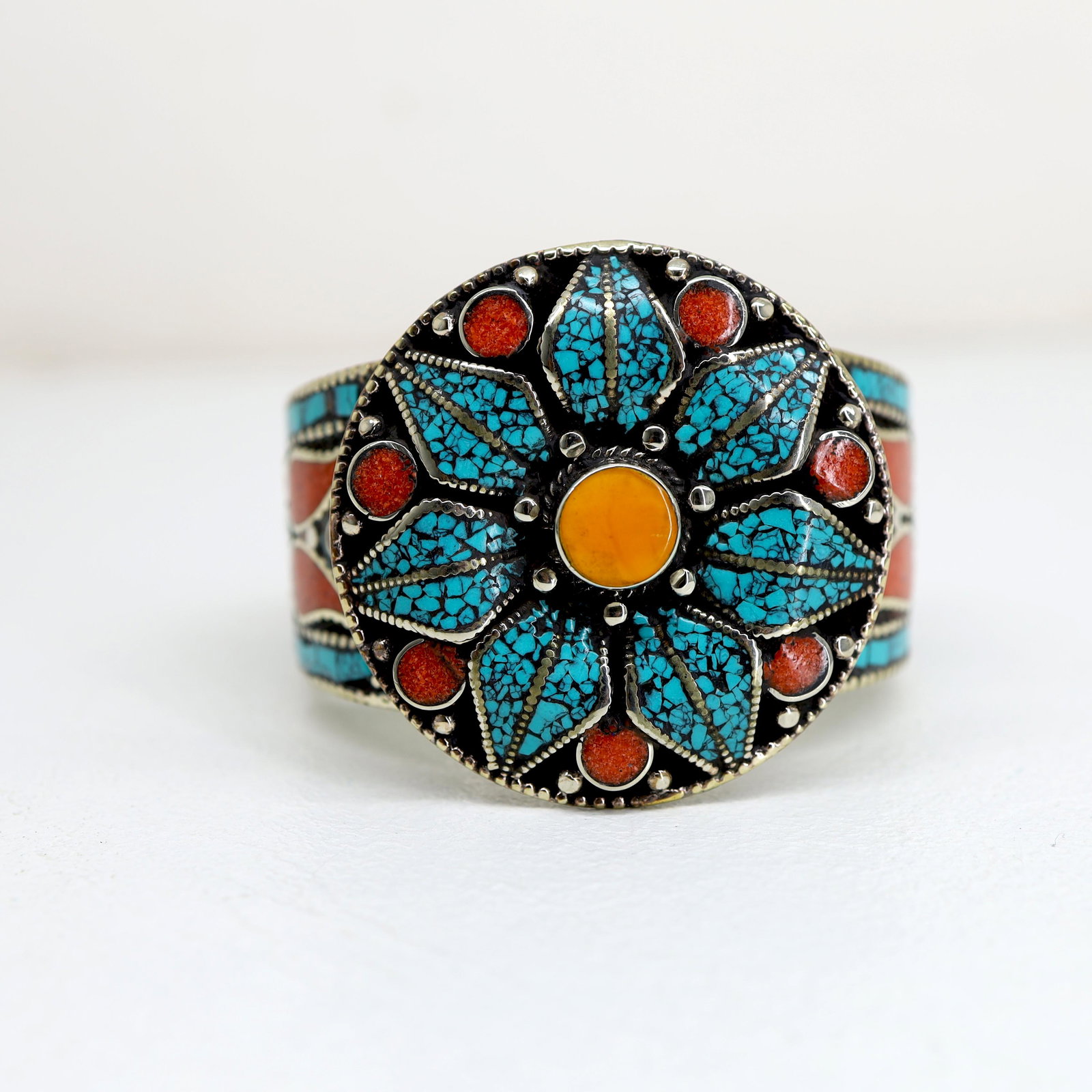 Tibetan Turquoise & Coral Handmade Flower Bangle (1 of 3)