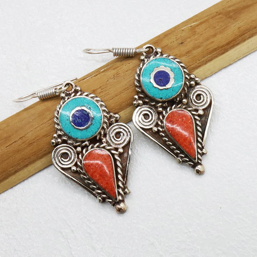 Tibetan Turquoise & Coral Handmade Earring: Stunning Traditional Tibetan style bib choker Earrings!! handmade by EasternPresents in Nepal. A colorful statement piece, it looks great with a casual outfit or dressed up! Perfect for all time. Earr