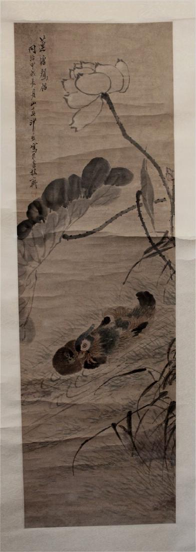 chinese scroll painting of a lily pond: chinese scroll painting of a lily pond by Mr.Sha shanchun, qing dynasty. Provenance: from suzhou national operated cultural relic shop. Width: 31.5cm, height: 101cm. shows age, expected wear and losse