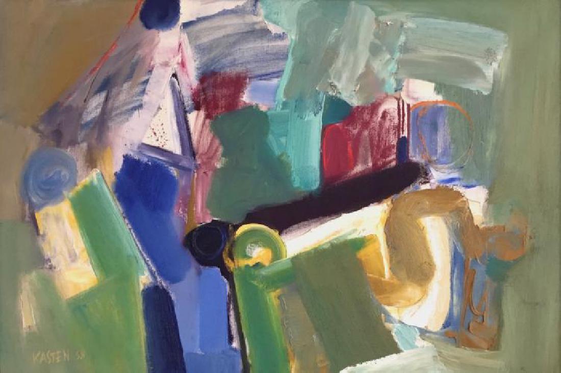 KARL KASTEN (1916-2010), Domain du Lutin, 1958, Oil on: Description: KARL KASTEN (1916-2010), Domain du Lutin, 1958, Oil on canvas Dimensions: 27 x 40" Artist or Maker: Karl Kasten Medium: Oil on canvas Date: 1958 Condition Report: Very good condition, <br